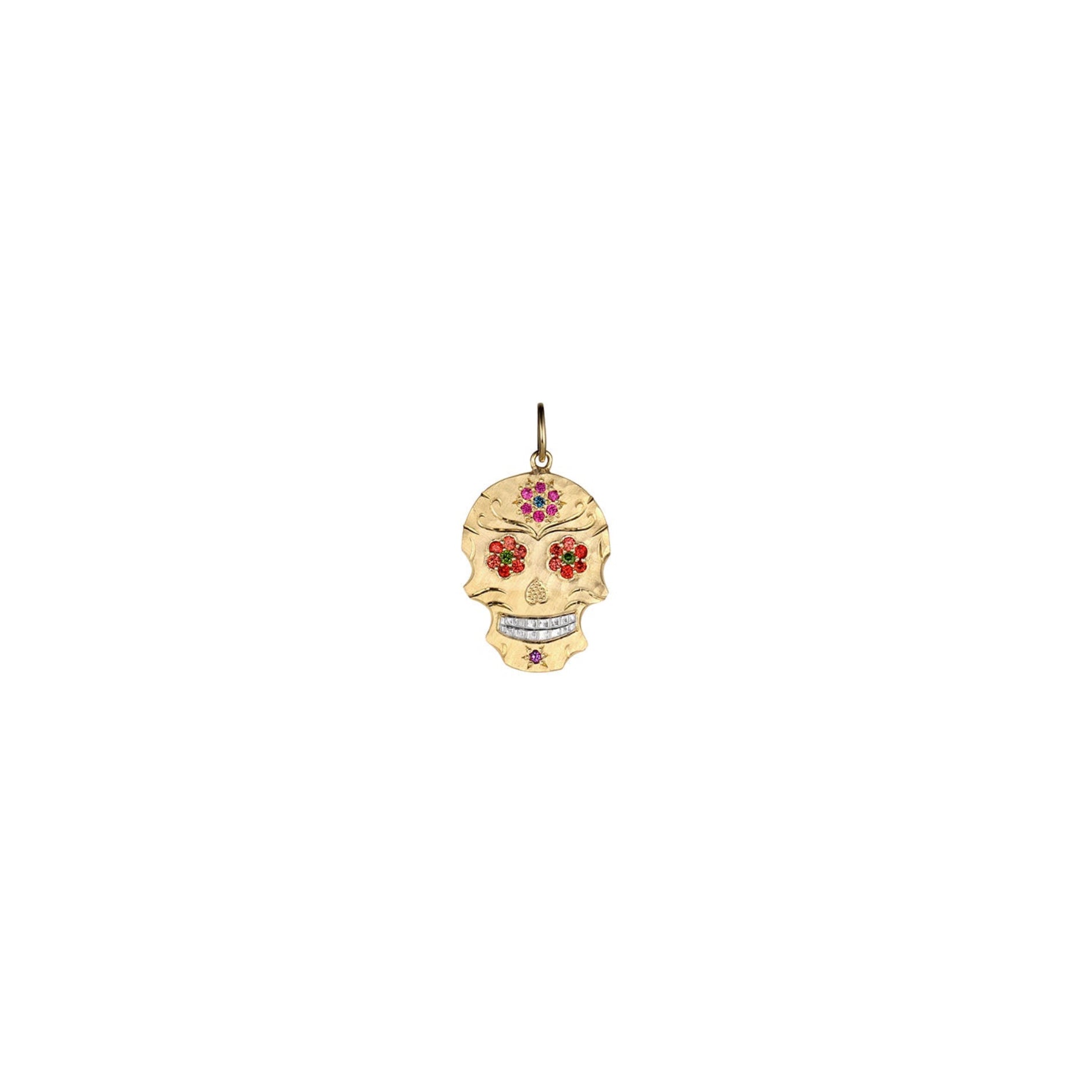 Gold skull pendant with colorful gemstones flower motif, shown on a white background without a chain.
