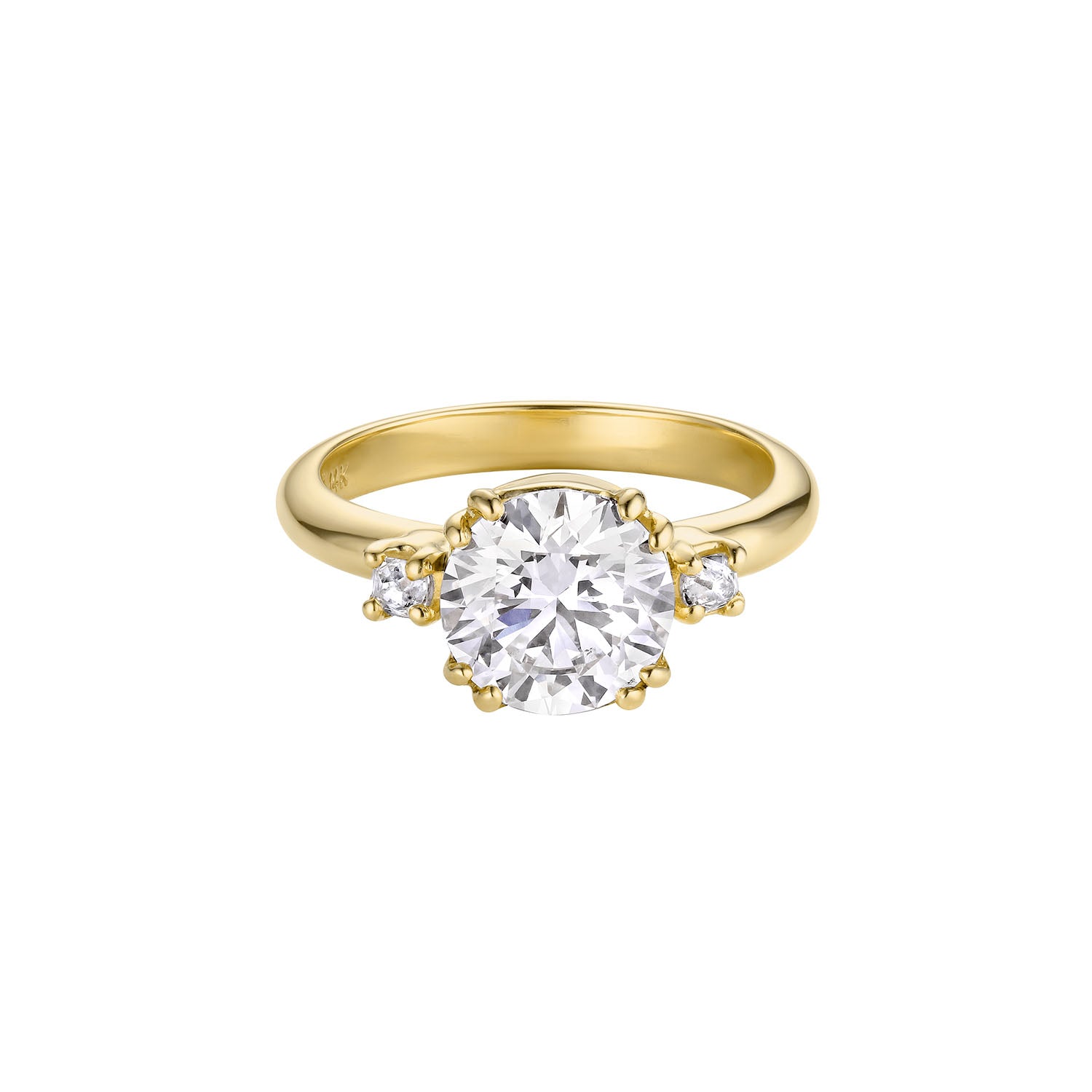 14k 3 stones yellow gold ring with a large diamond and smaller diamonds on a white background. Sturdy prong set stones shown on white background.