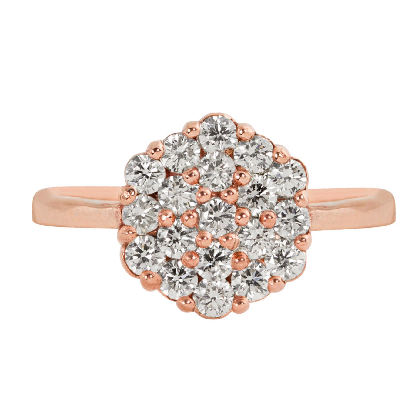 14k Rose gold ring with diamond cluster on a white background, close up view