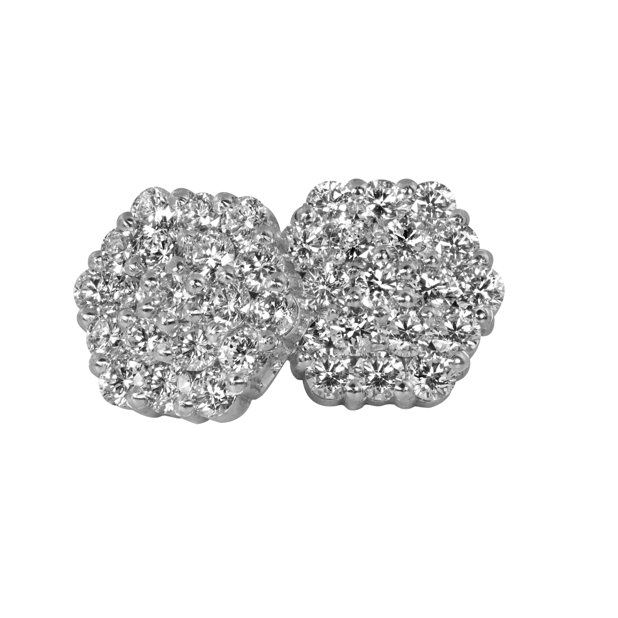 14k white gold diamond hexagon cluster stud earrings on white background
