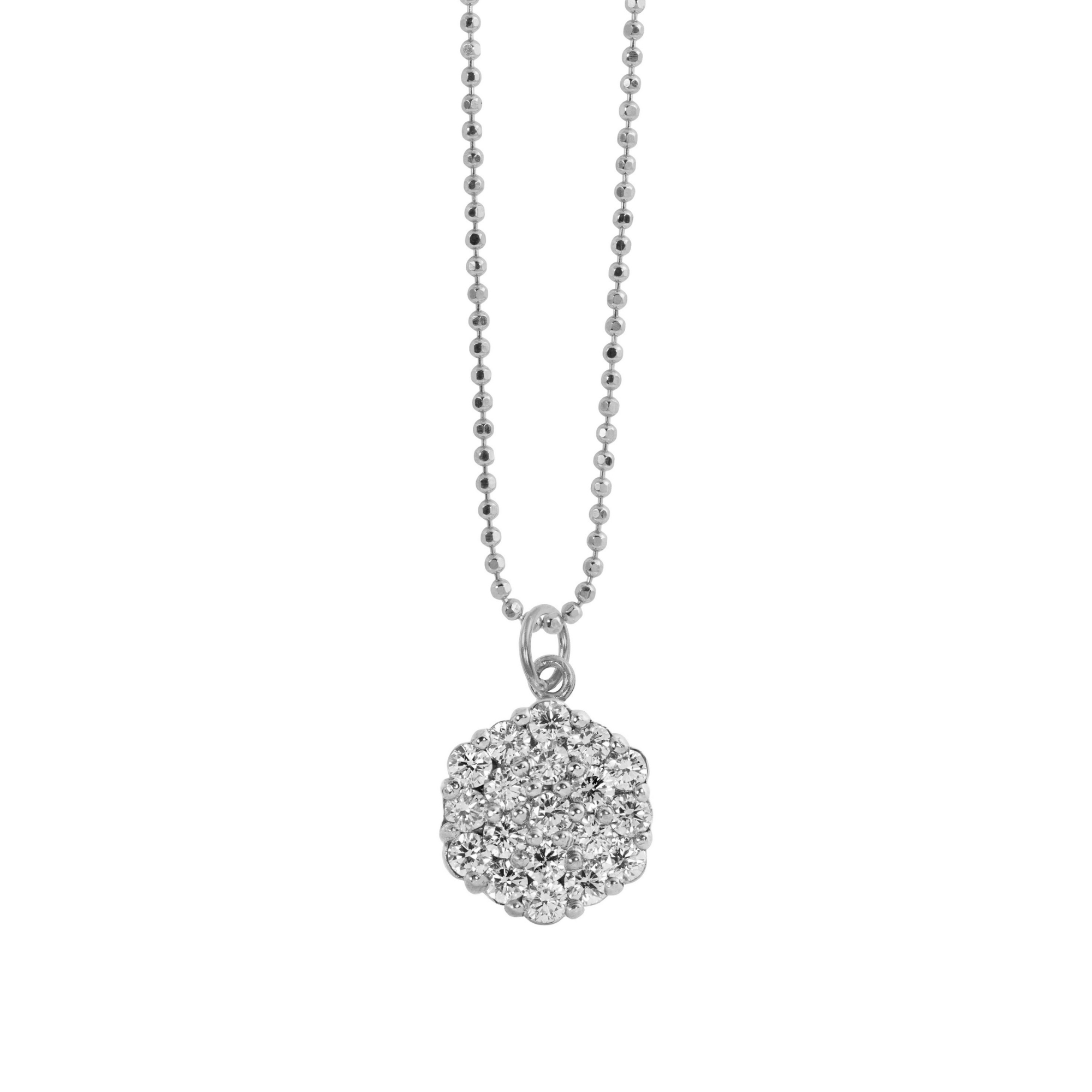 14k white gold white diamond cluster pendant on a diamond cut ball chain on a white background