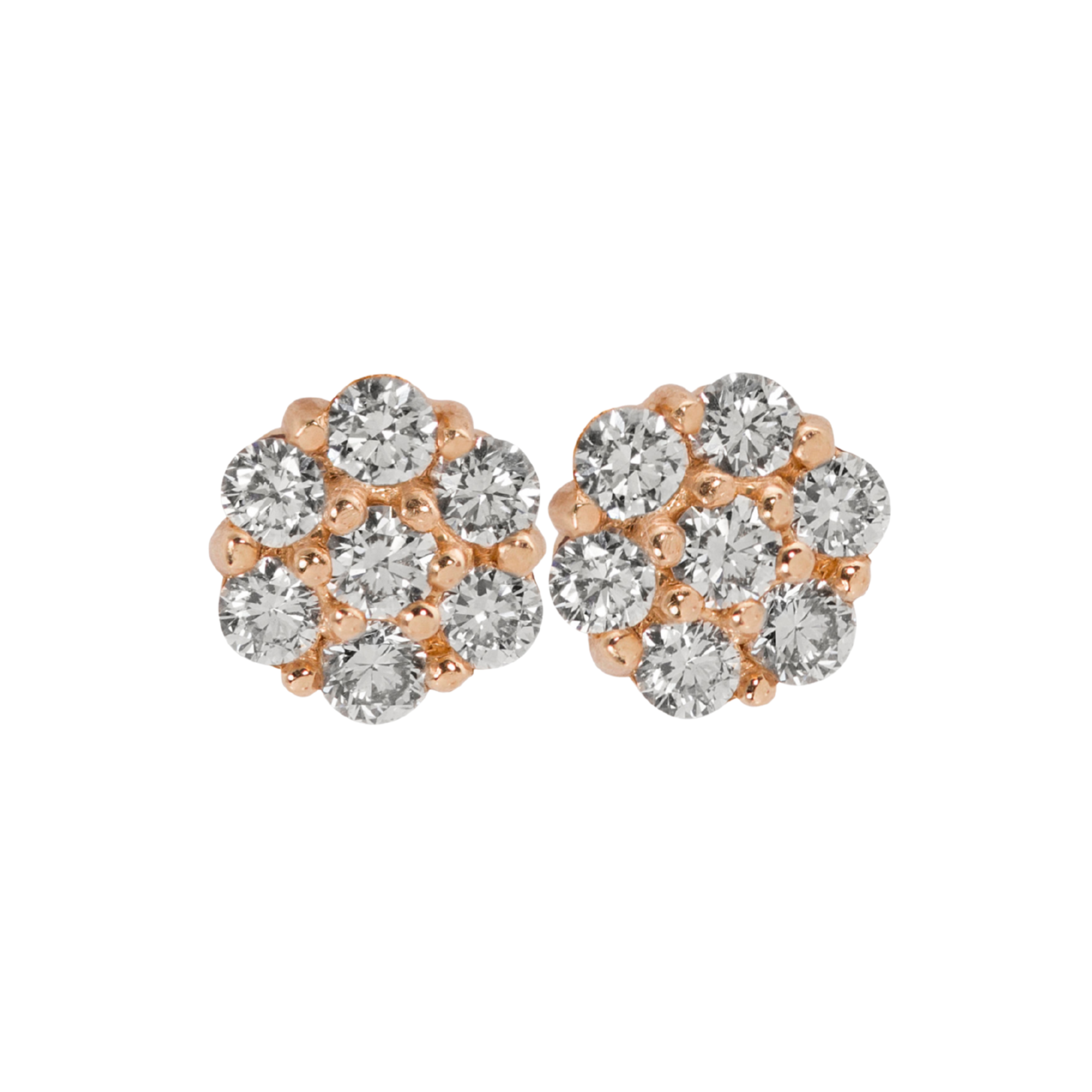 14k rose gold diamond cluster stud earrings on white background
