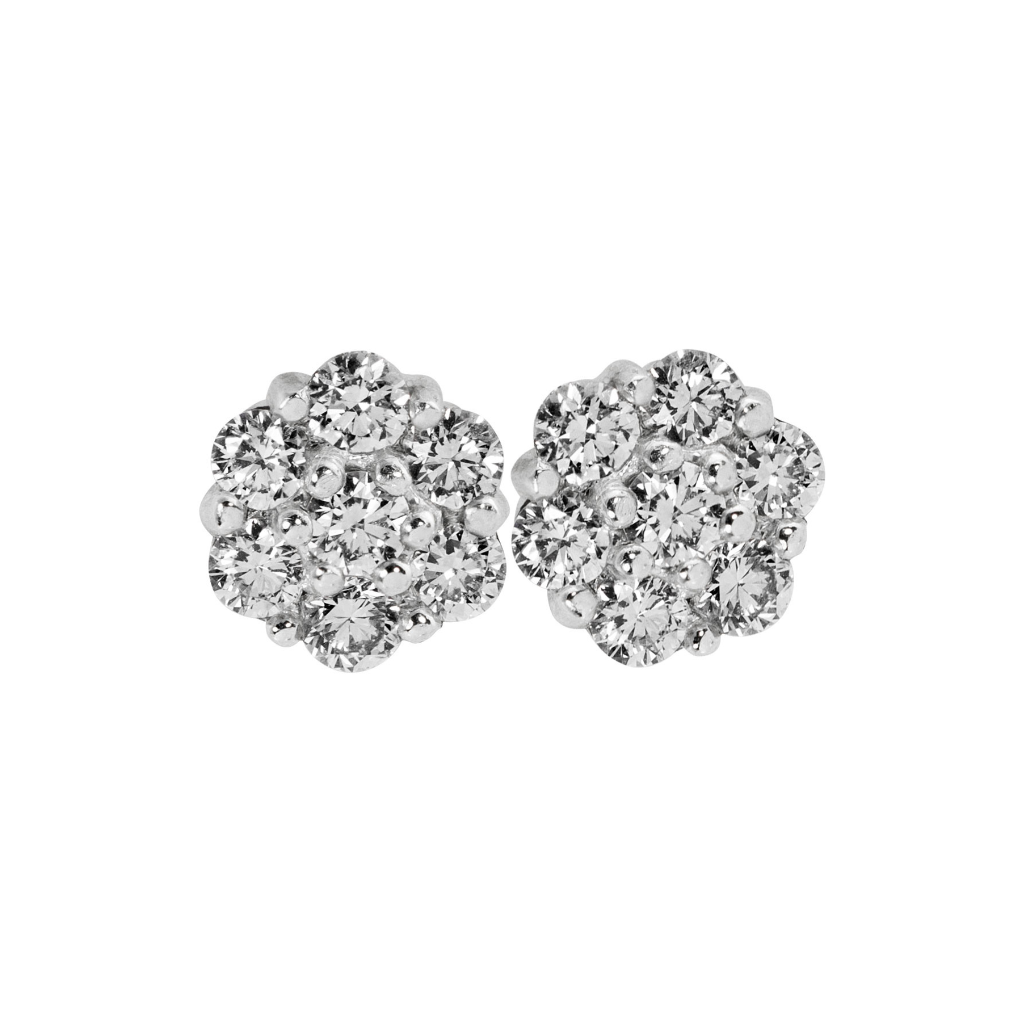 14k white gold diamond cluster stud earrings on white background