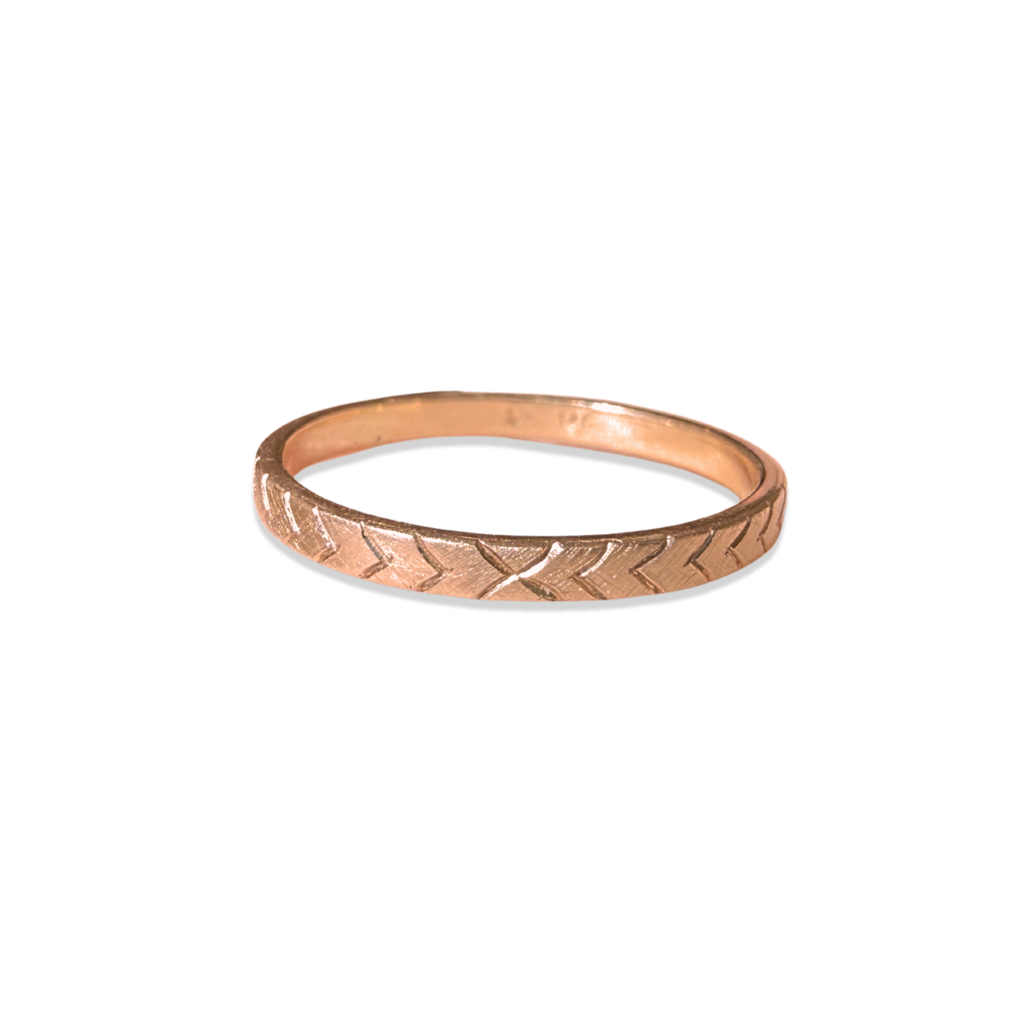 14k Rose Gold Etched Satin Stacker Ring on White Background