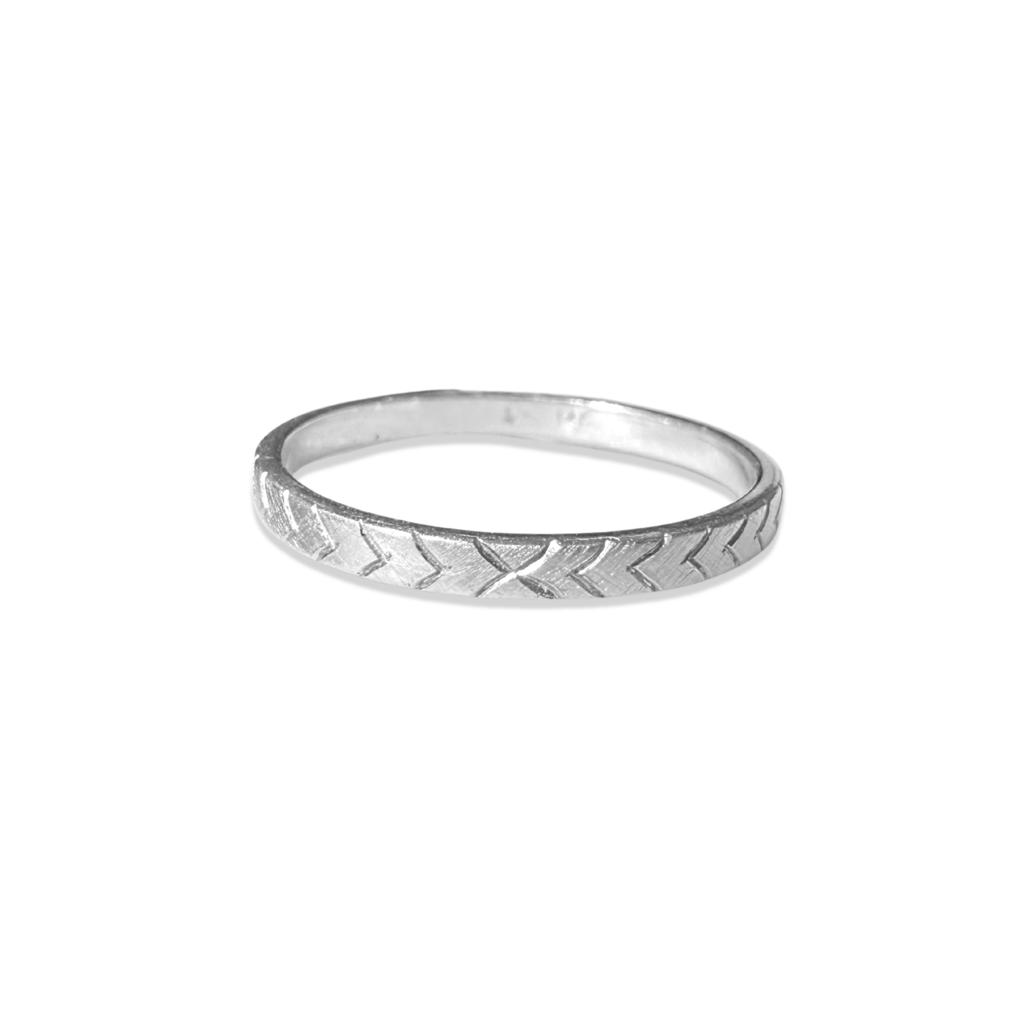 14k White Gold Etched Satin Stacker Ring on White Background