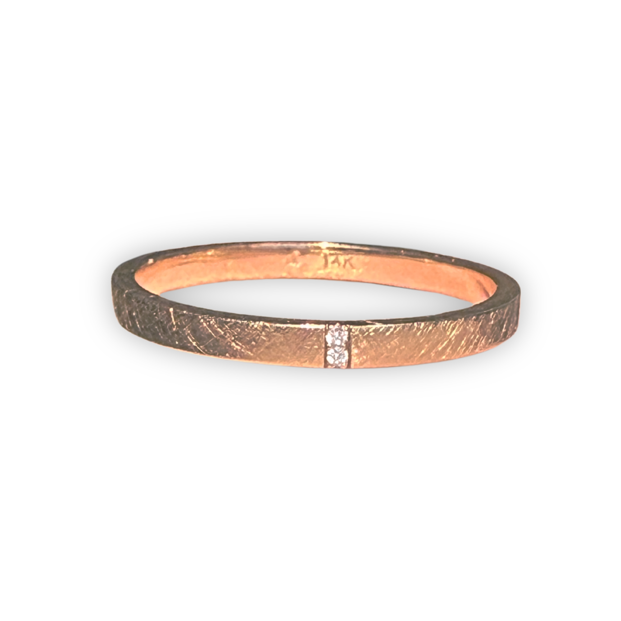14k rose gold stacker ring featuring two white diamonds set side by side in a satin finished band on a white background