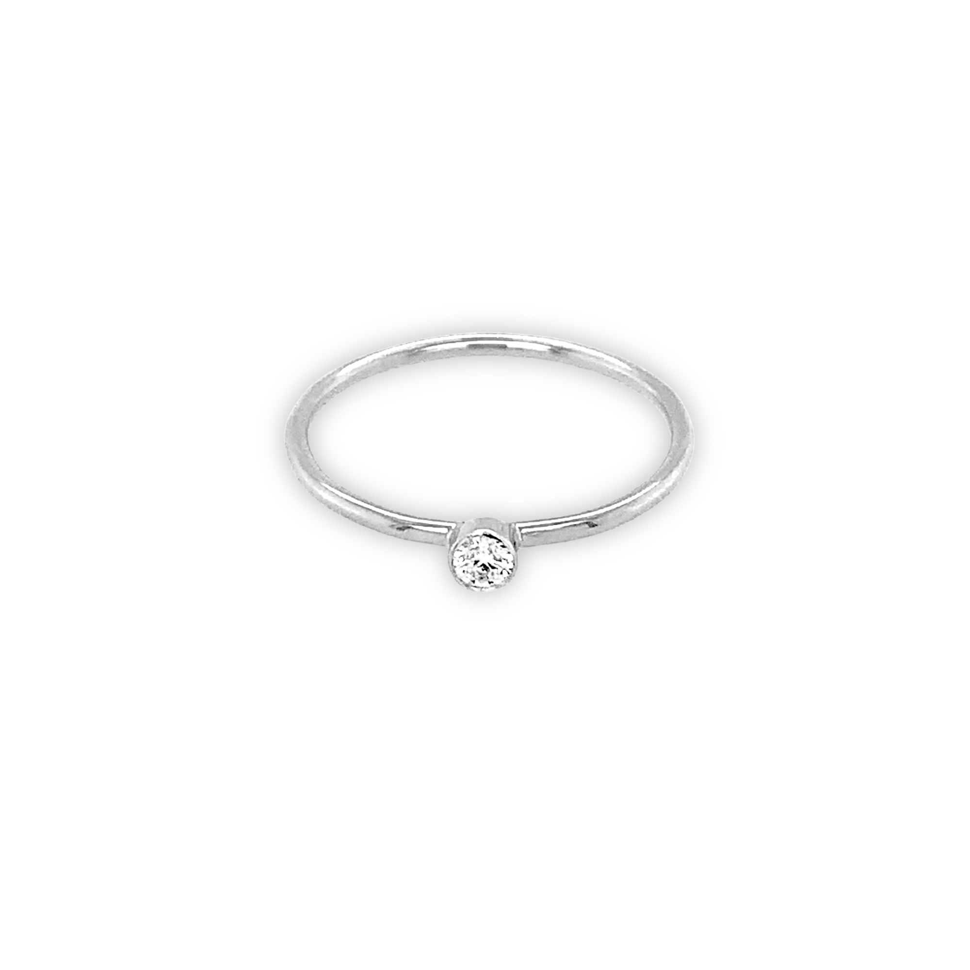 14k white gold ring with a bezel set white diamond on a white background