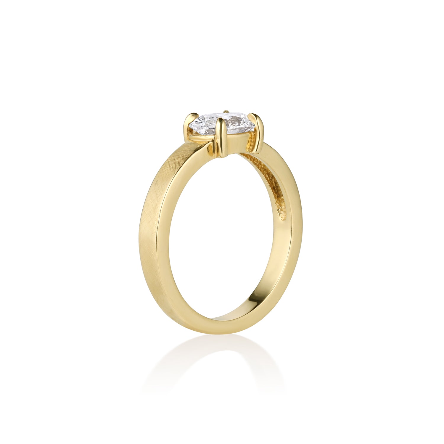 14 k Gold ring with oval prong set diamond this satin finish on a white background band