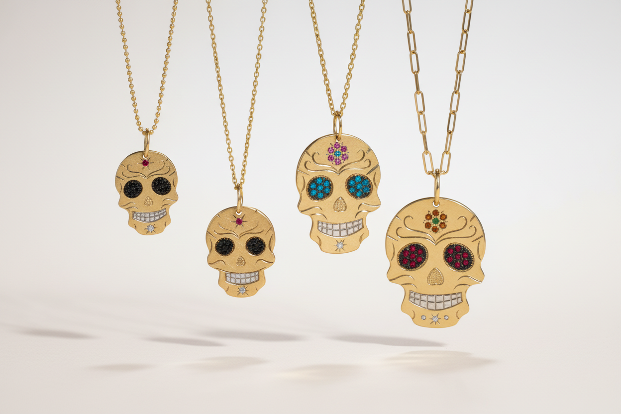 grouping of 4 gold skull necklaces with gemstone accents on a white background