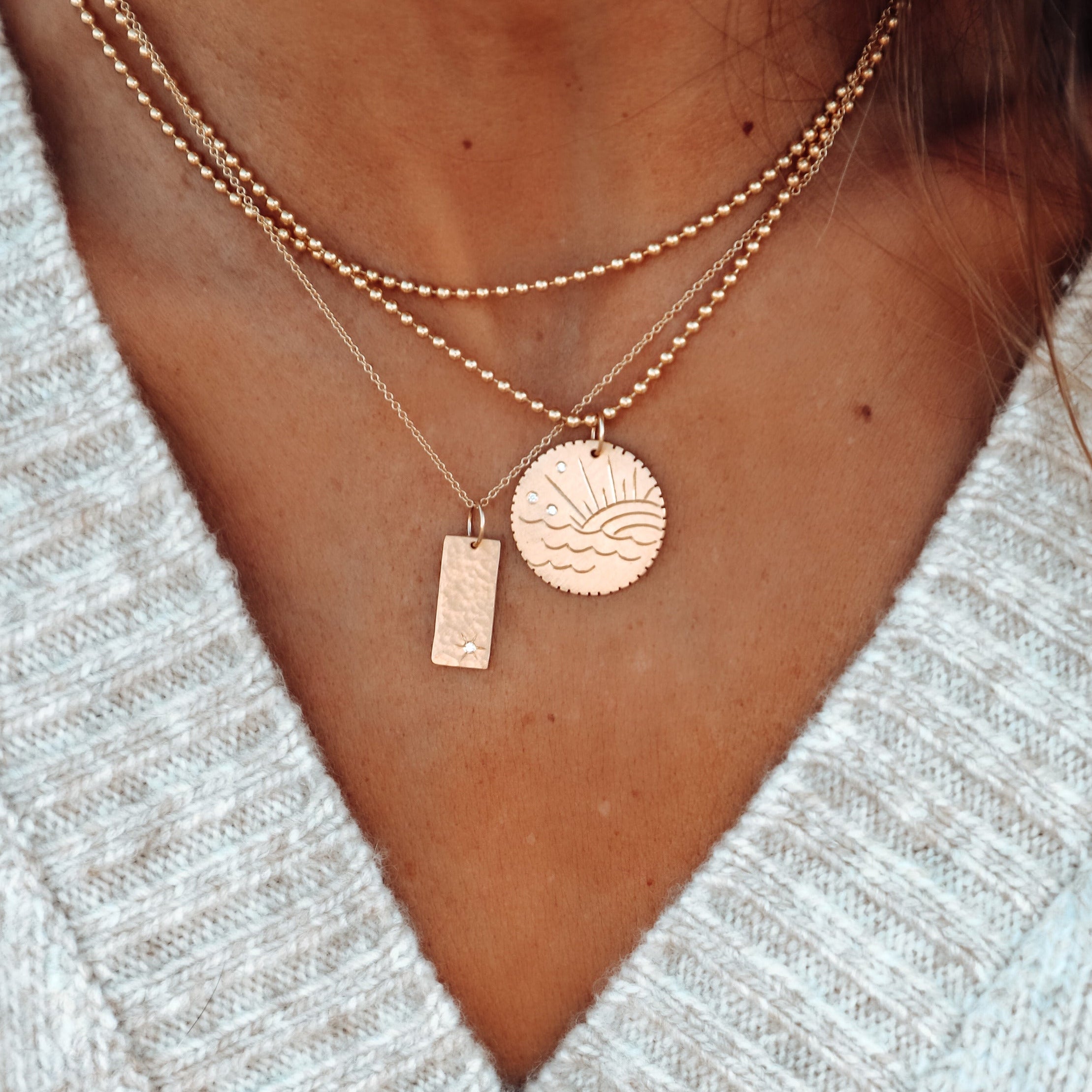 GONE 14k Gold Small Disk Pendant | Hand-Engraved Ocean Sunset