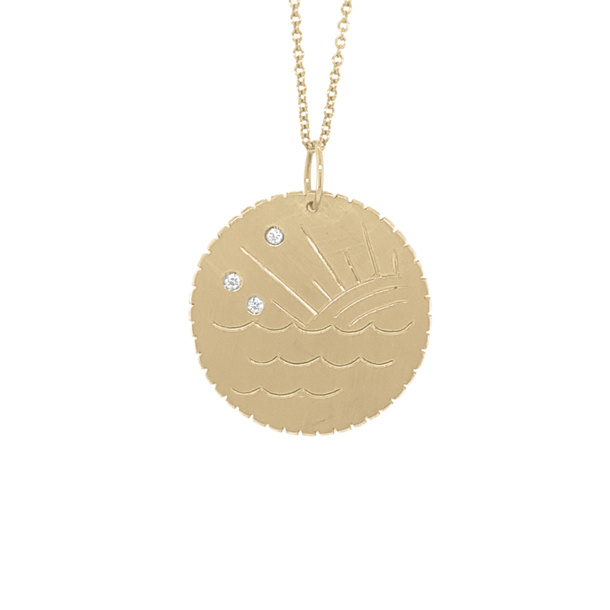 14k Gold necklace featuring a round diamond disk pendant with hand engraved ocean waves and sun design accented with 3 white diamonds on a white background