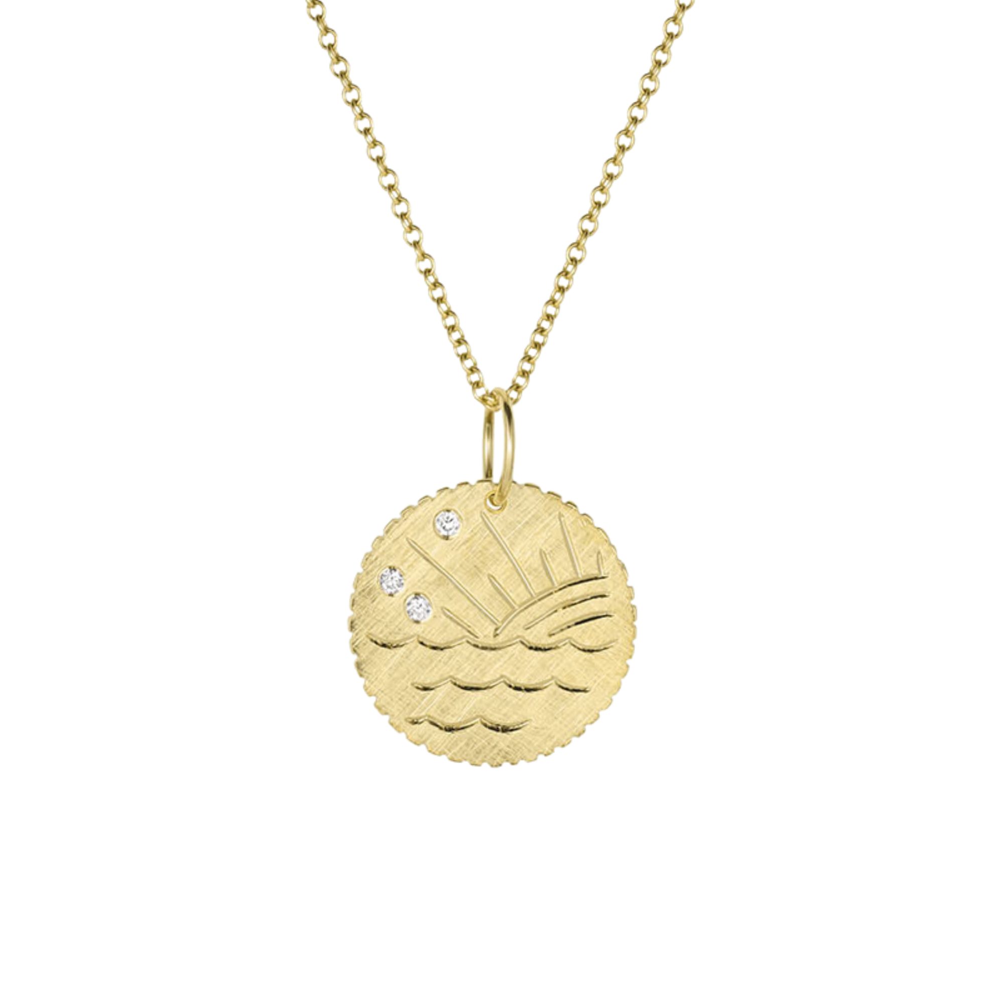 14k yellow gold round diamond disk pendant necklace featuring hand engraved ocean waves and sun ray design scattered white diamonds in the sky and notched detail around edge shown hanging from round link gold chain on white background