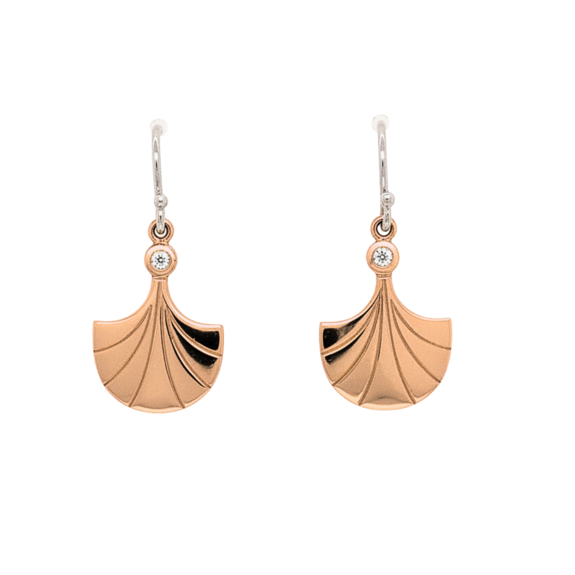 14k rose gold fan drop earrings with diamond accents on white background