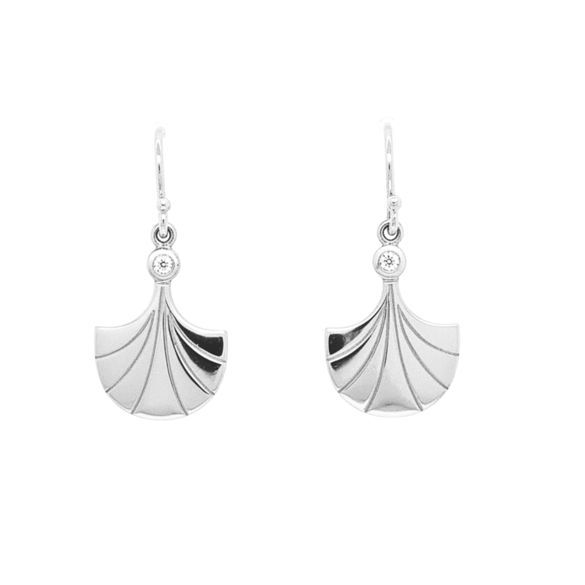 14k white gold fan drop earrings with diamond accents on white background