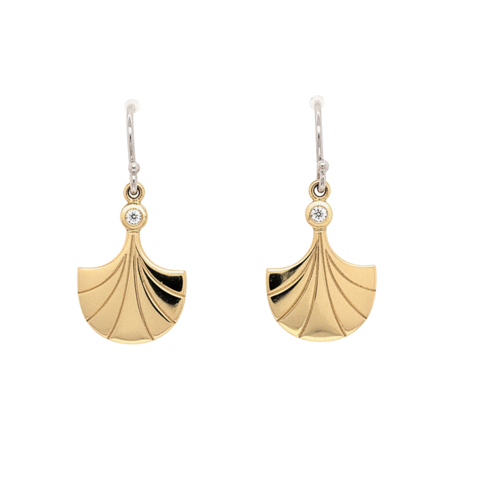 14k yellow gold fan drop earrings with diamond accents on white background
