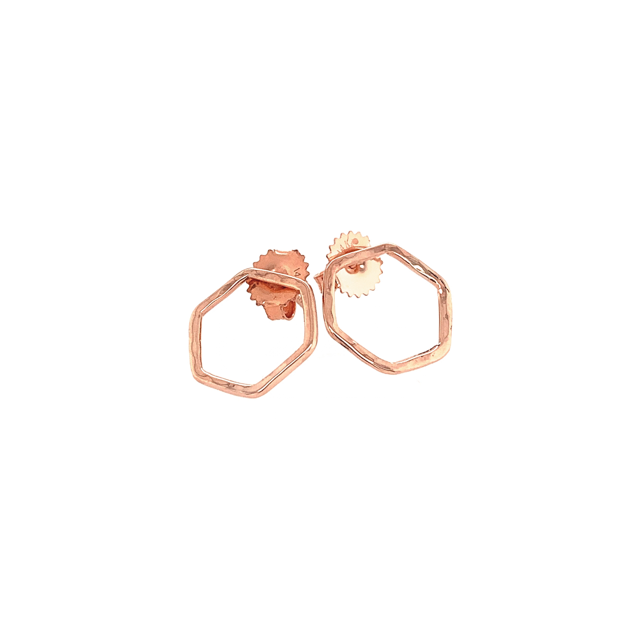 14k rose gold open hexagon stud earrings on white background