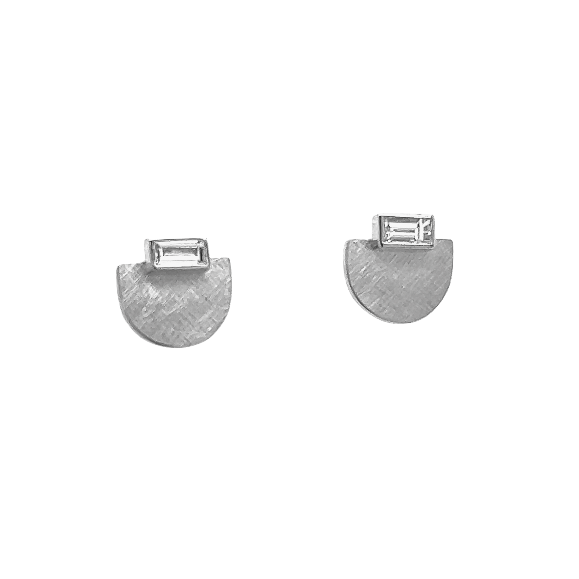 14k white gold half dome stud earrings with white baguette diamonds on white background