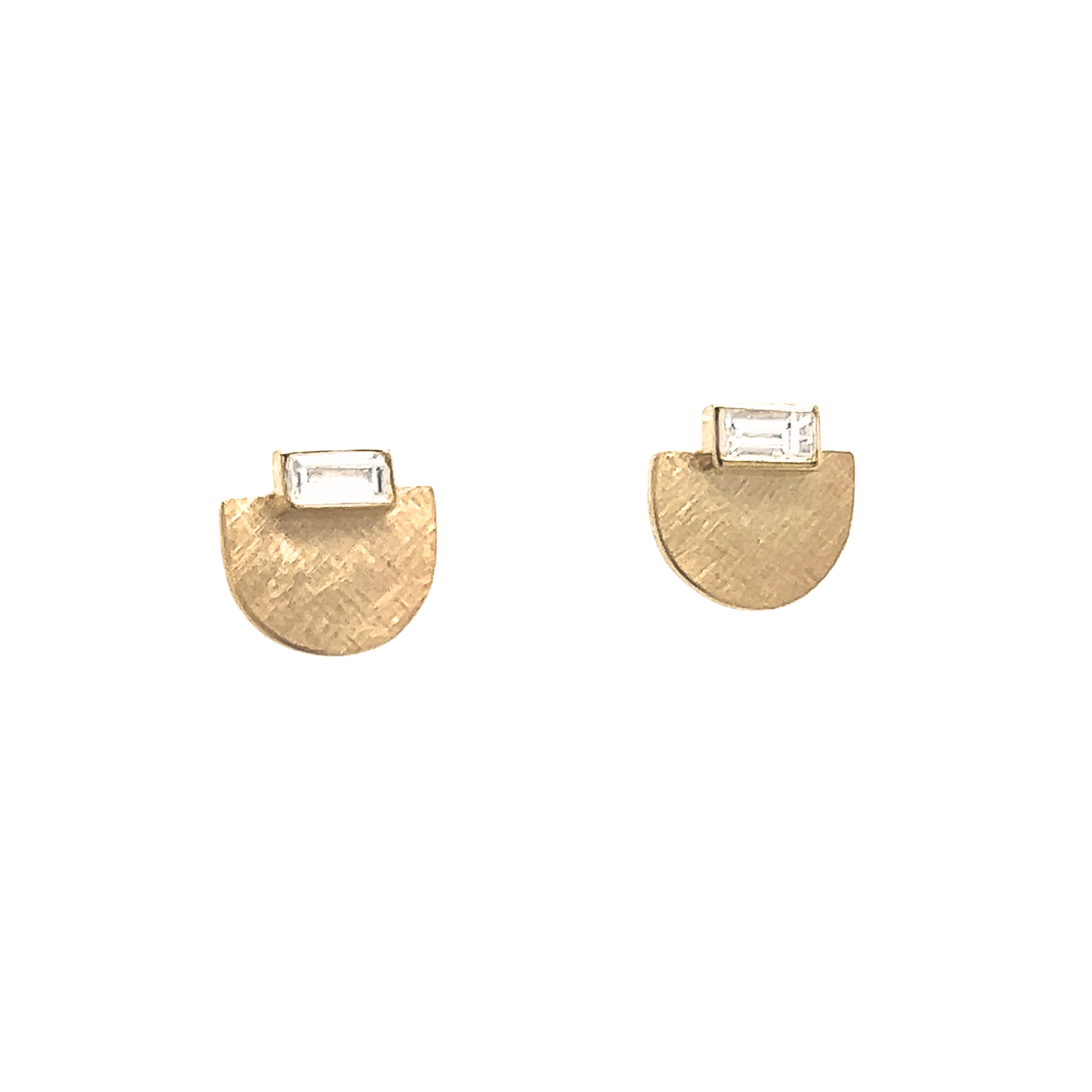 14k yellow gold half dome stud earrings with white baguette diamonds on white background