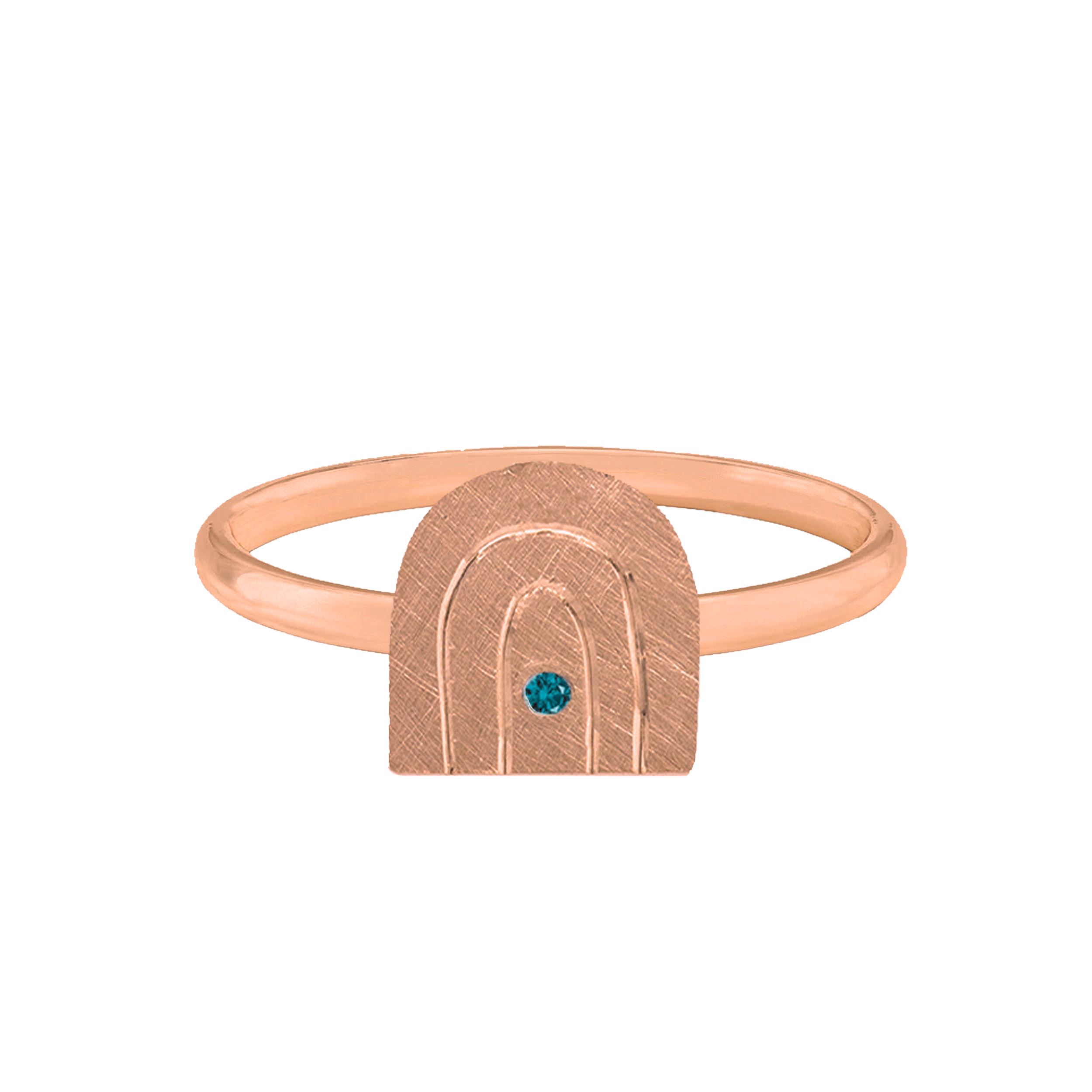 14k rose Gold Rainbow Arch Teeny Tiny Ring with Teal Diamond on White Background