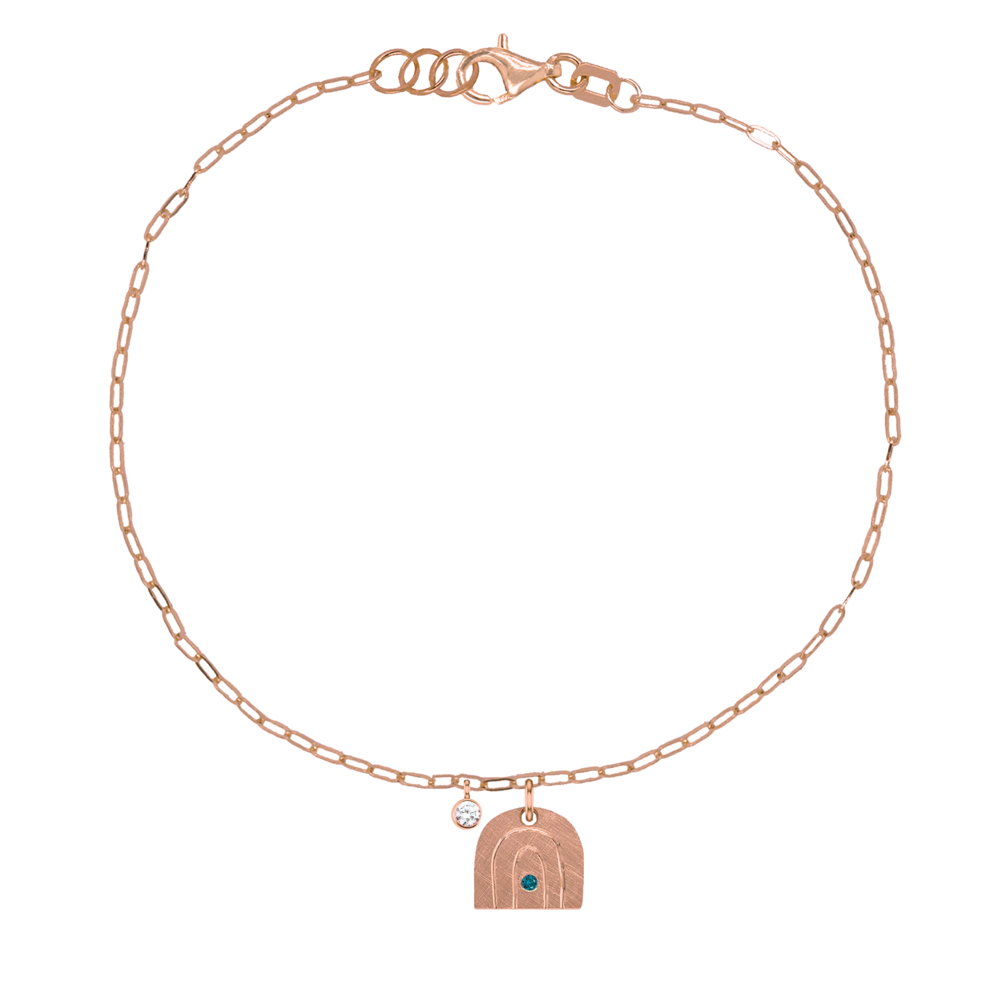 14k rose gold teeny tiny teal diamond rainbow charm bracelet with paperclip link chain and white diamond bezi charm on white background