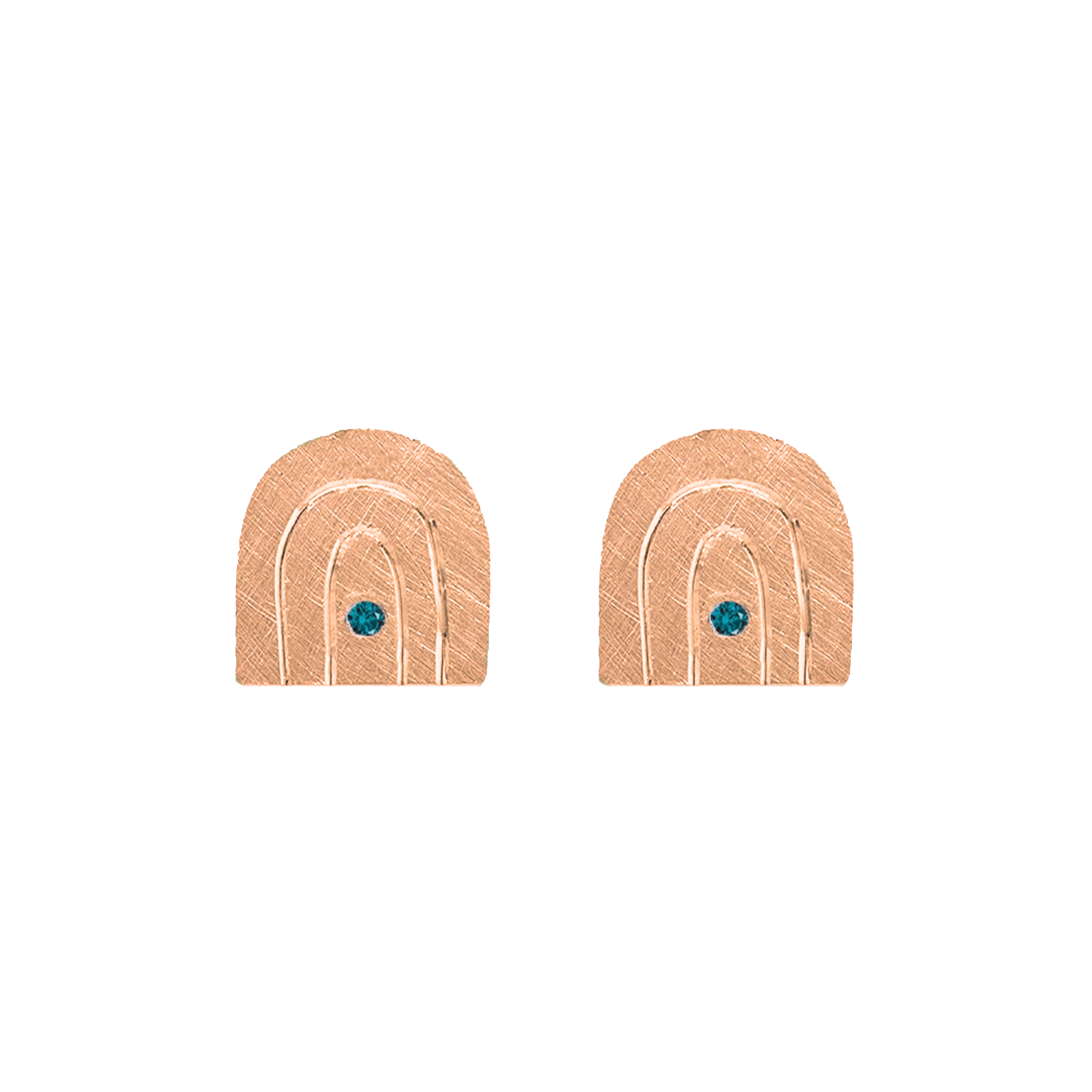 14k rose gold teeny tiny rainbow earrings with teal diamond on white background
