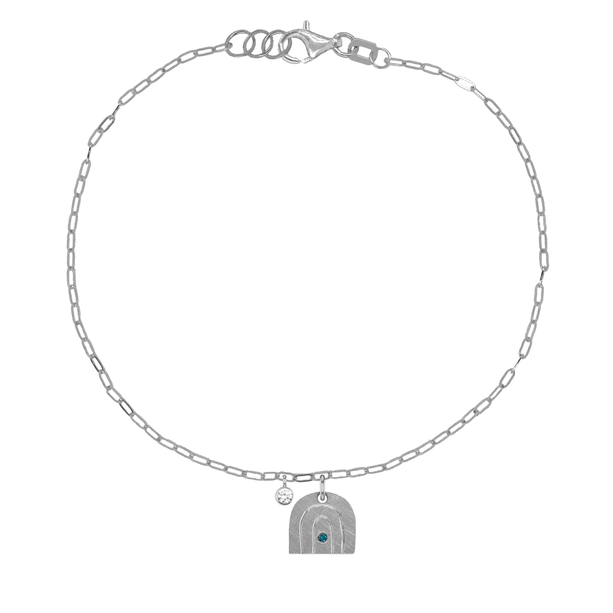 14k white gold teeny tiny teal diamond rainbow charm bracelet with paperclip link chain and white diamond bezi charm on white background