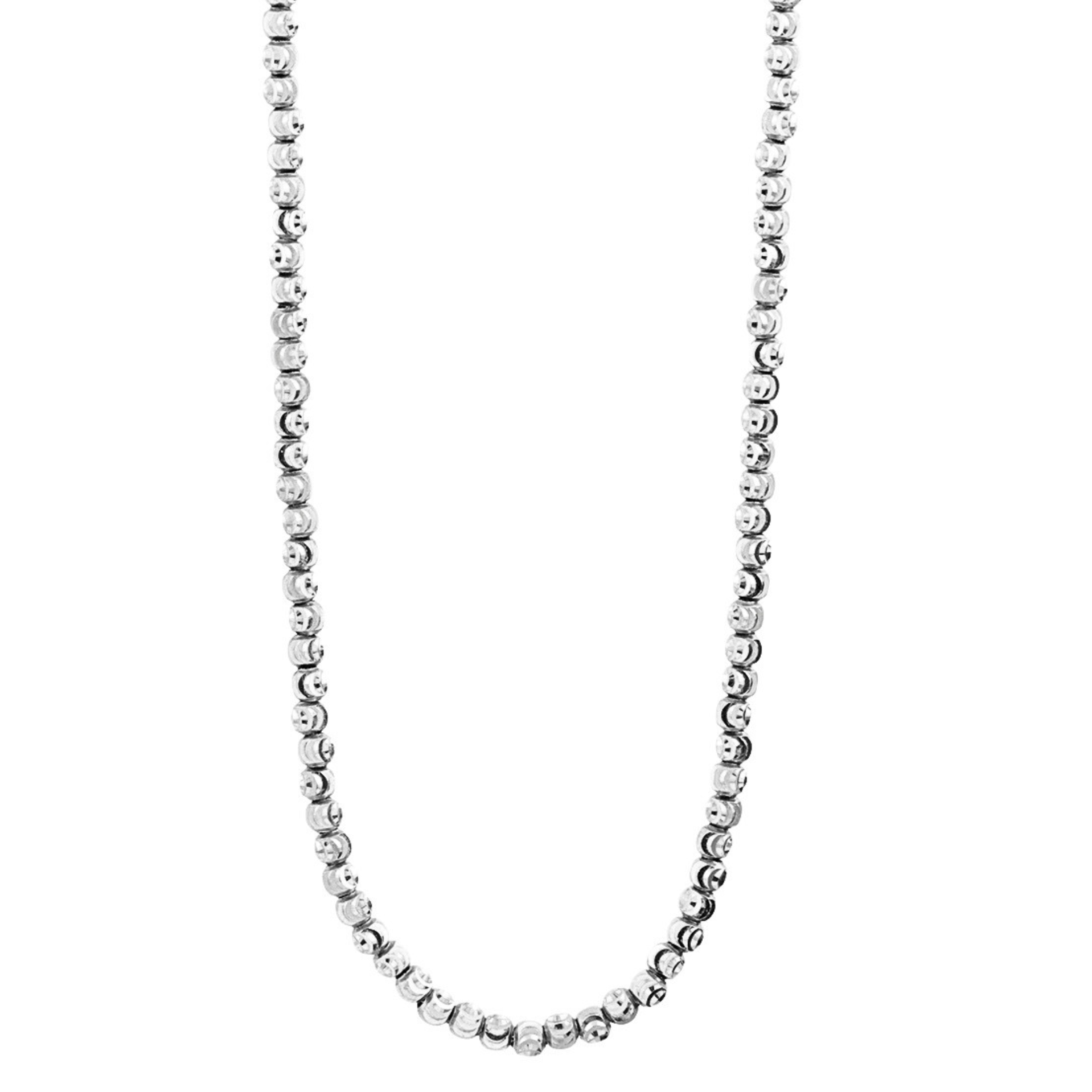 close up of 14k white gold moon faceted bead necklace with light catching polished surface texture