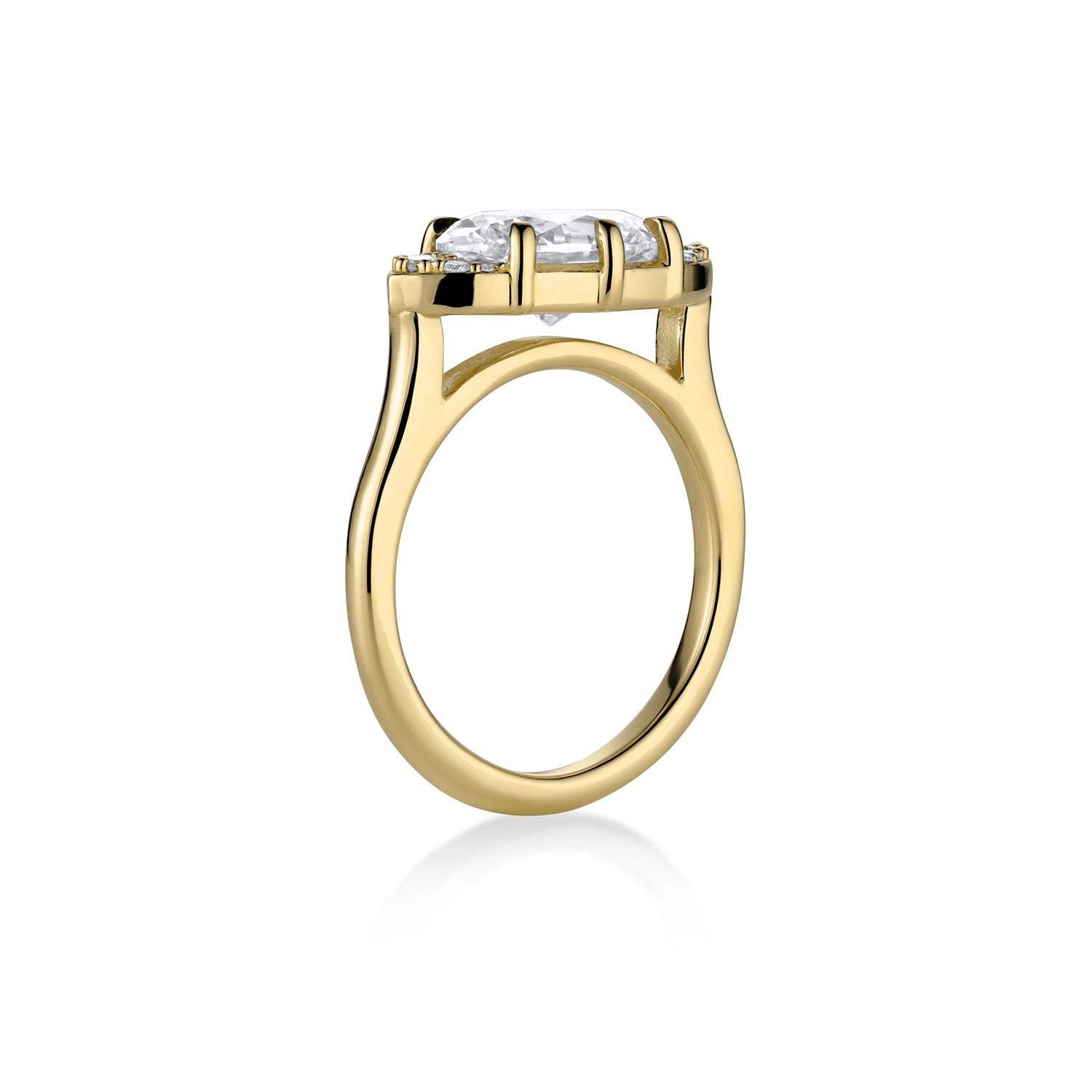 4k yellow gold oval brilliant cut white diamond half halo engagement wedding prong pave ring by julez bryant side view