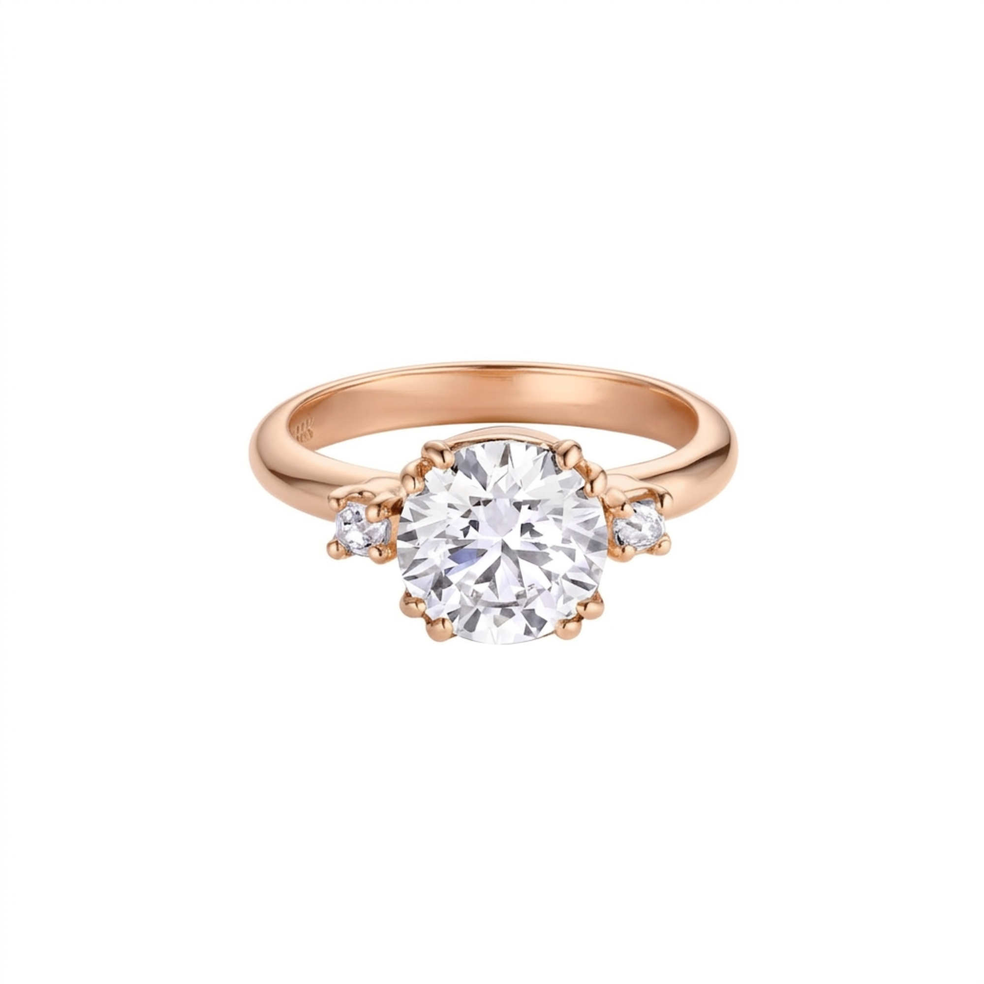 Lab created white diamond round brilliant double prong set three stone engagement ring in 14k rose gold on a white background
