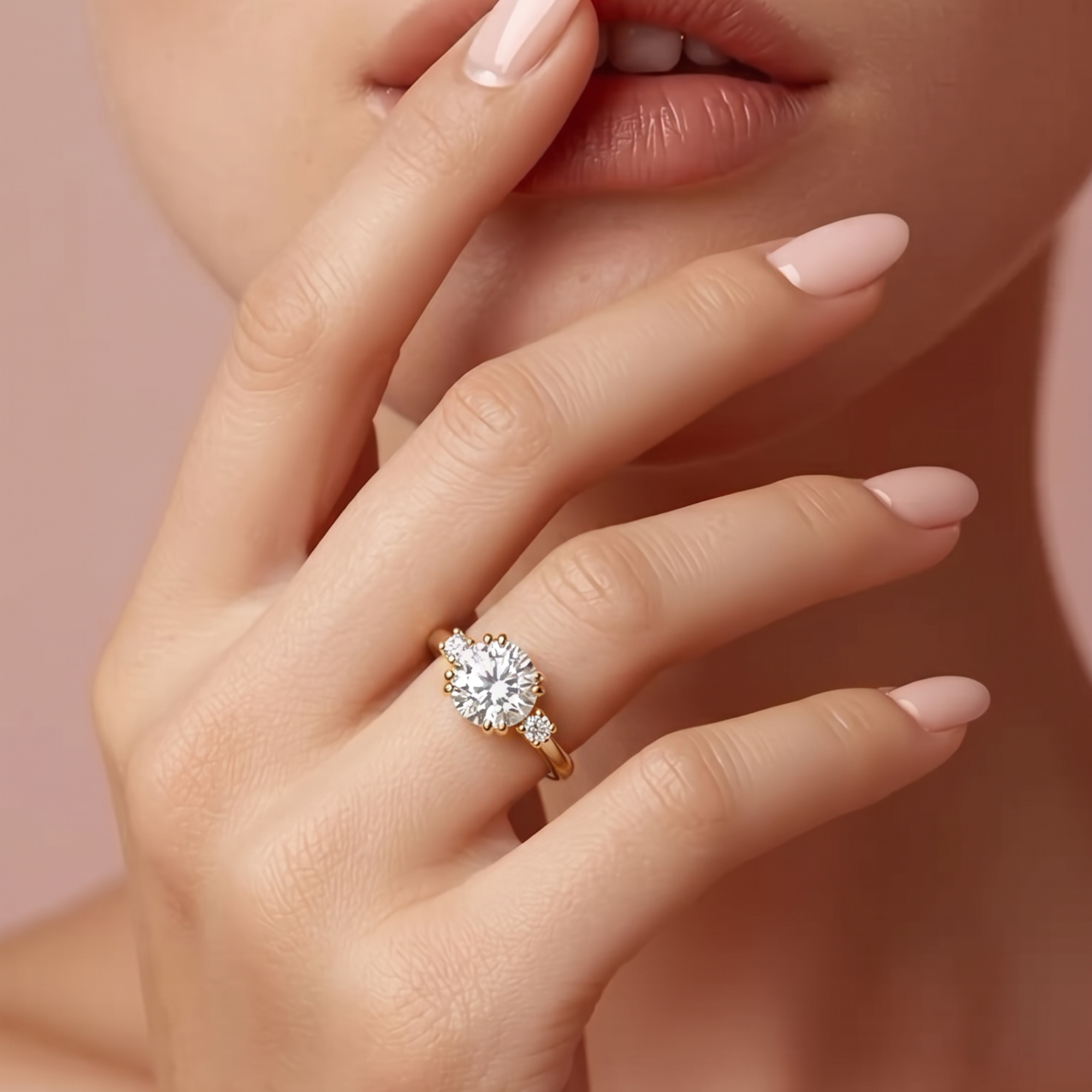 Lab created white diamond round brilliant double prong set three stone engagement ring in 14k yellow gold, lifestyle shot worn on a model's hand
