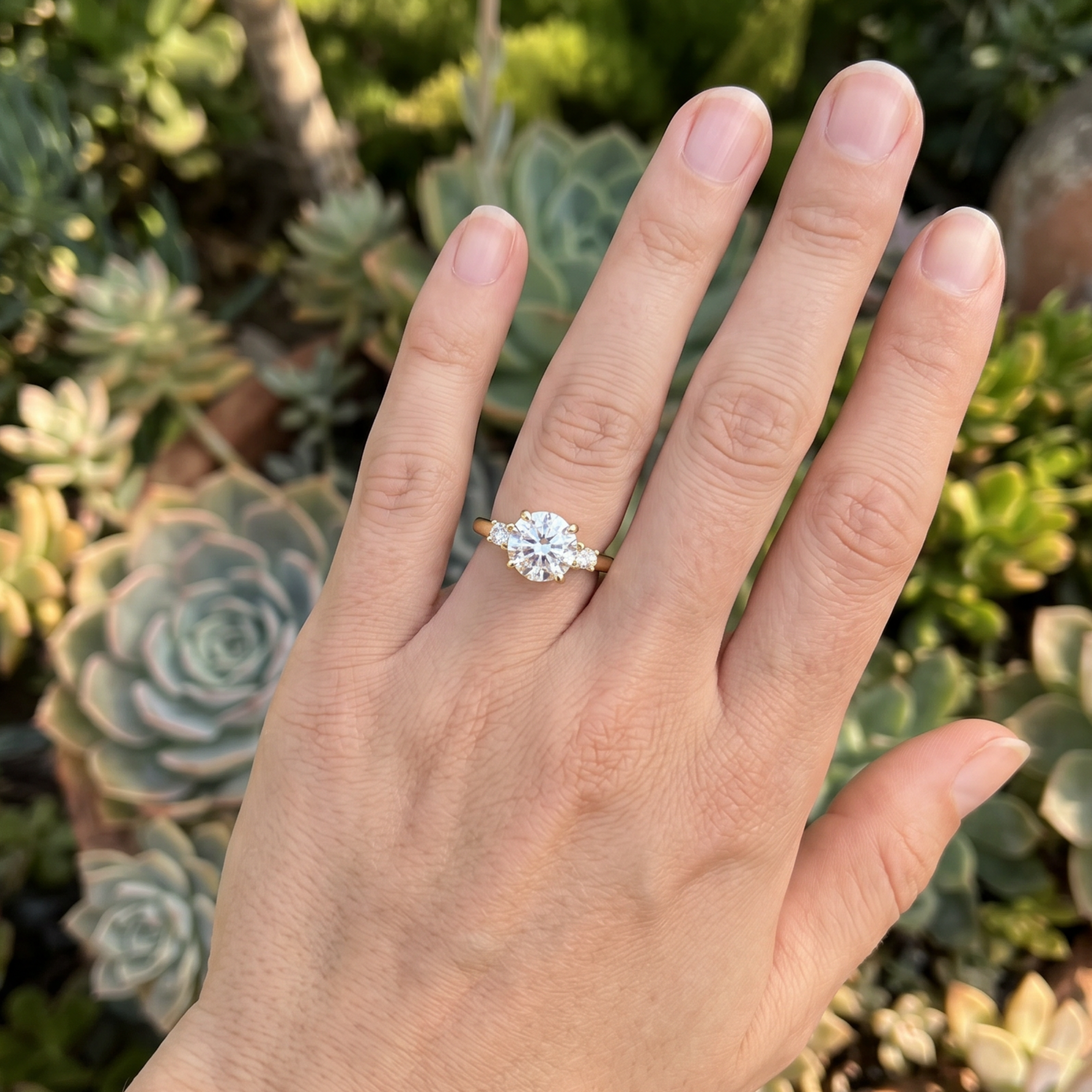 Lifestyle image of a lab grown three stone round brilliant brilliant prong set 14k yellow gold engagement ring candidwith blurred greenery background.