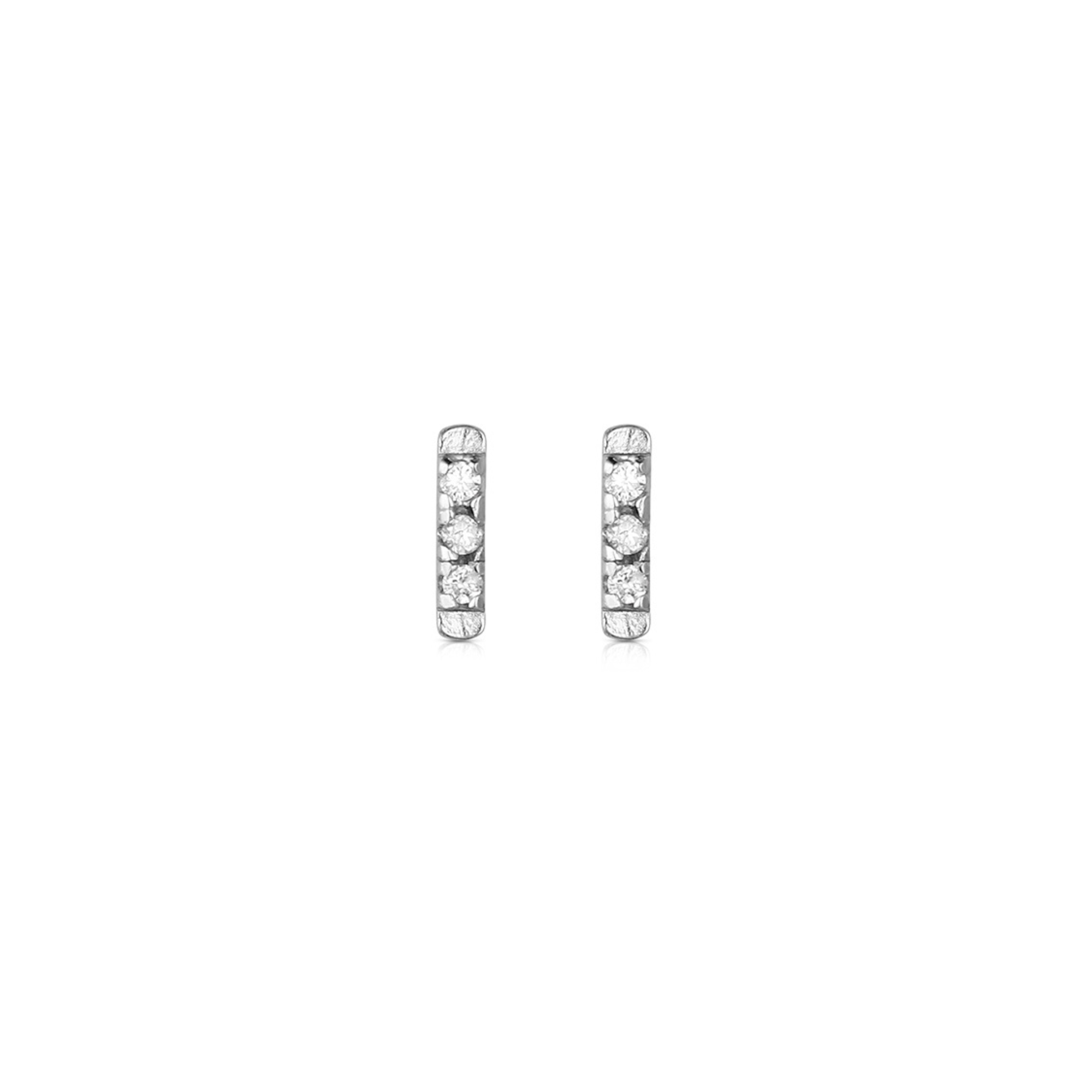 Pair of 14k white gold post bar earrings with white diamonds on white background