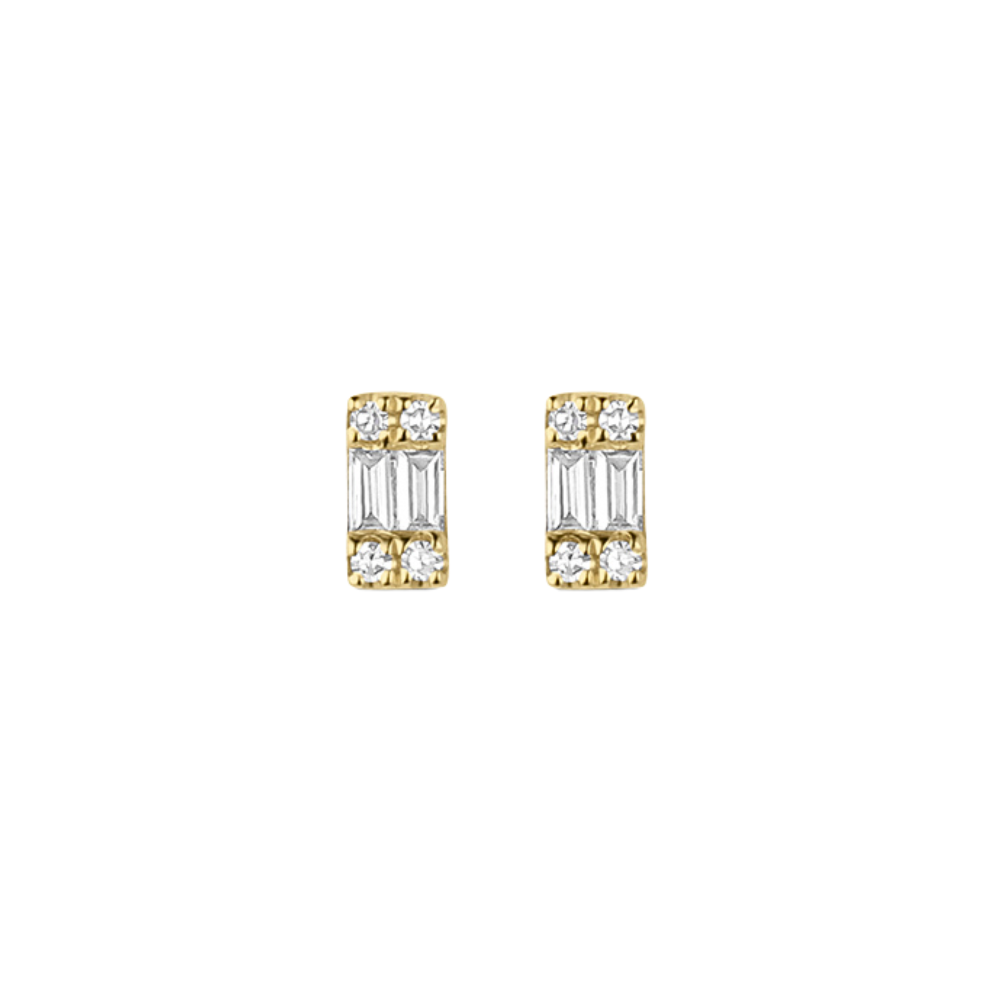 14k yellow gold rectangular baguette and round white diamond stud post earrings on white background