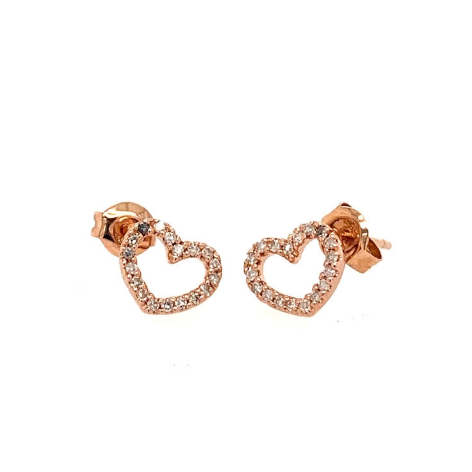 14k rose gold open heart earring studs with pave set white diamonds on white background