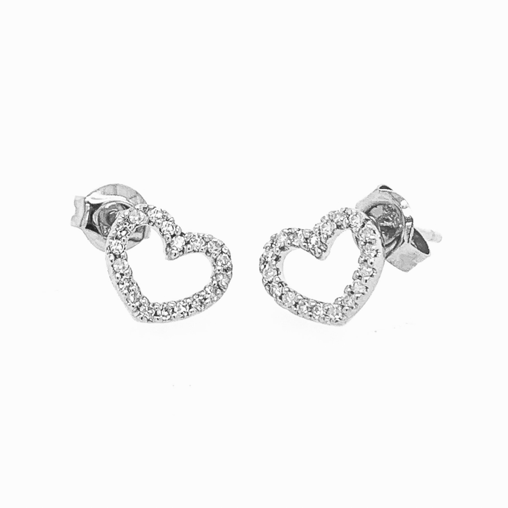 14k white gold open heart earring studs with pave set white diamonds on white background