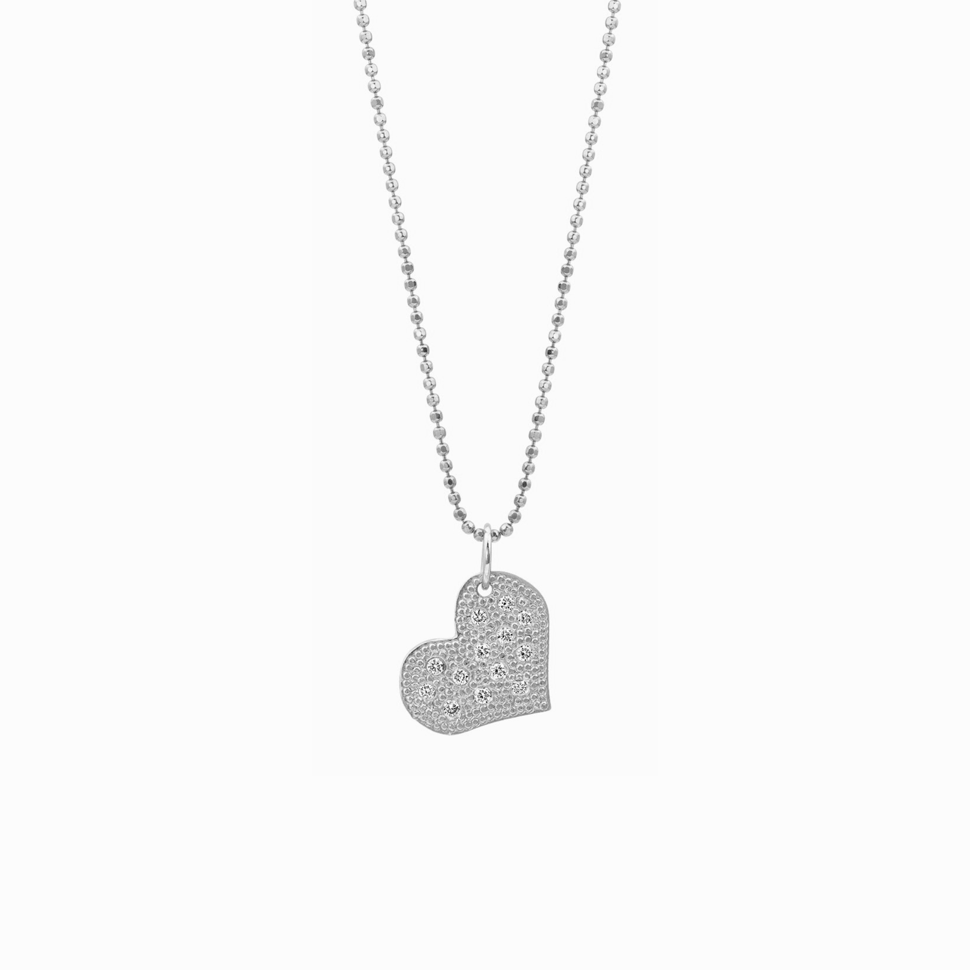 14k white gold heart-shaped pendant with beaded texture and scattered white diamonds on diamond cut ball chain on a white background