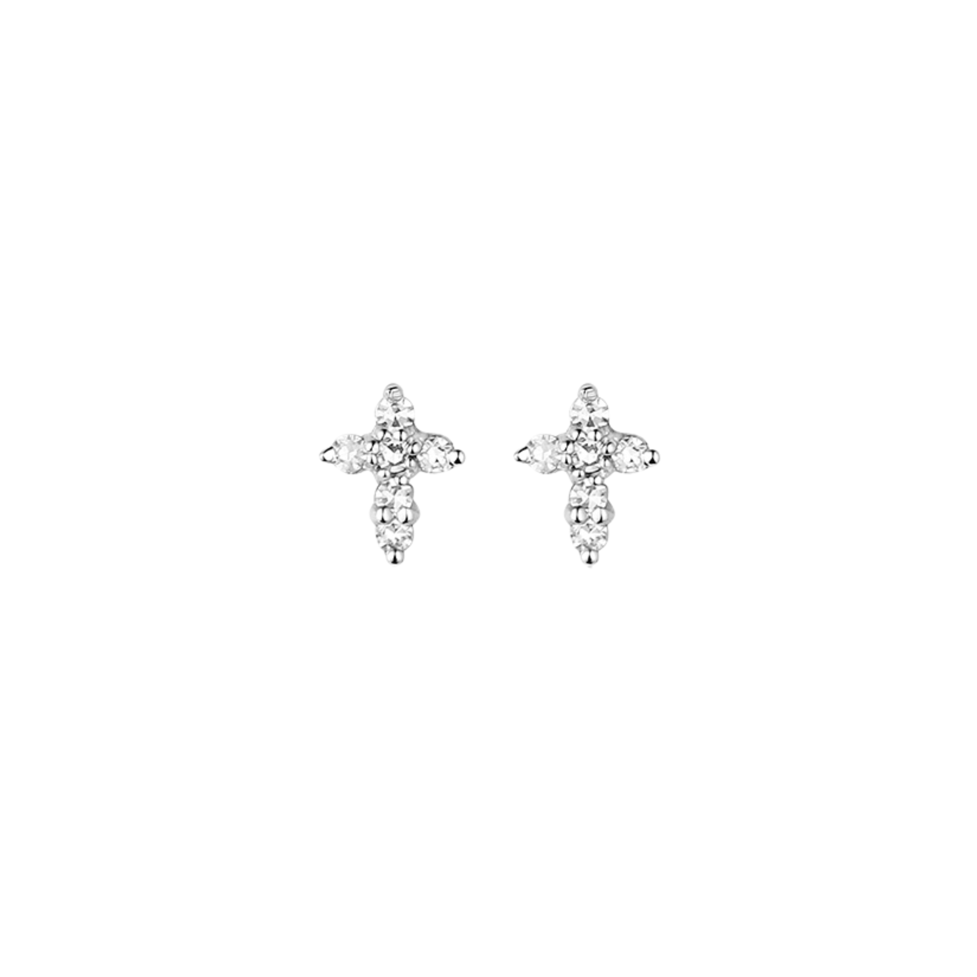 Pair of 14k white gold cross shaped post earrings on a white background