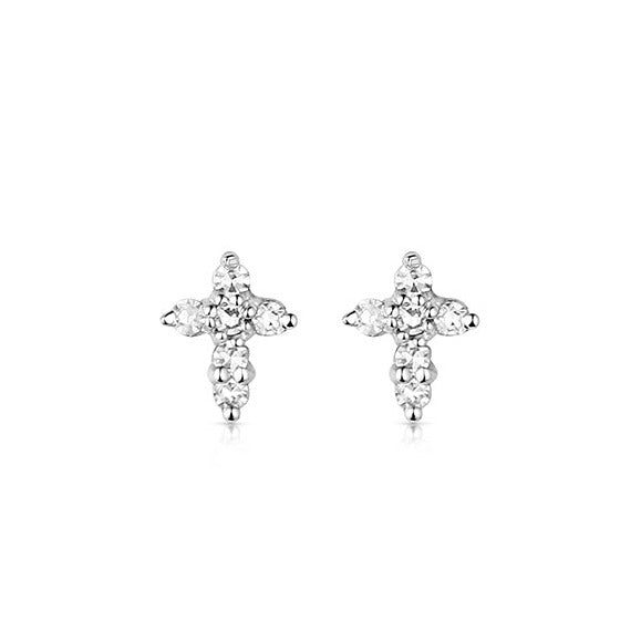 Pair of 14k white gold cross shaped post earrings on a white background