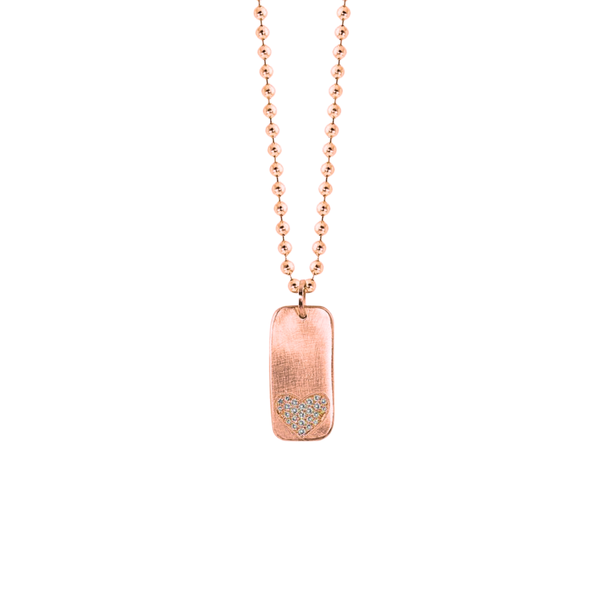 14k rose gold rectangle pendant with paved set white diamond heart on ball chain on a white background