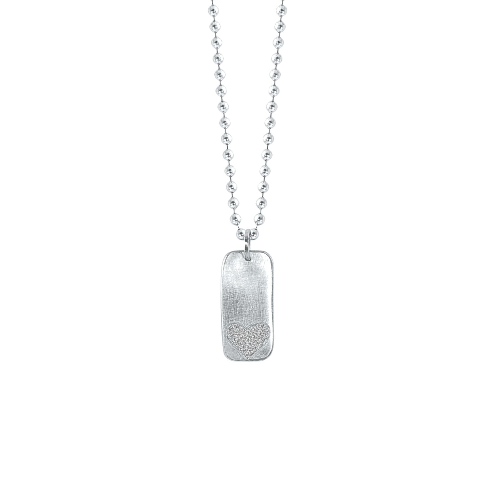 14k white gold rectangle pendant with paved set white diamond heart on ball chain on a white background