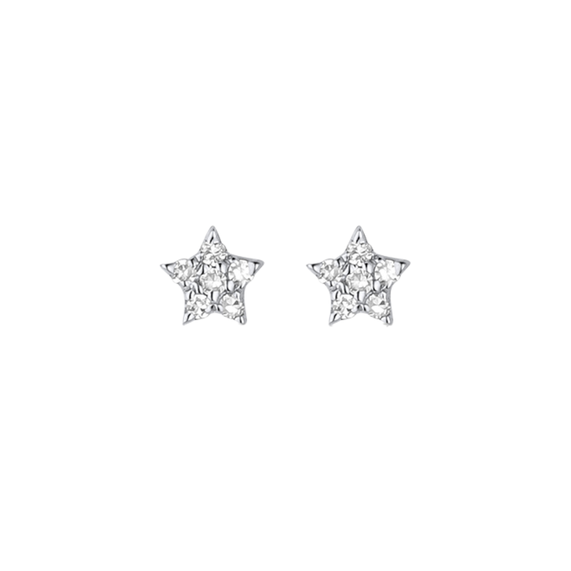 14k white gold star-shaped earrings with diamonds on a white background