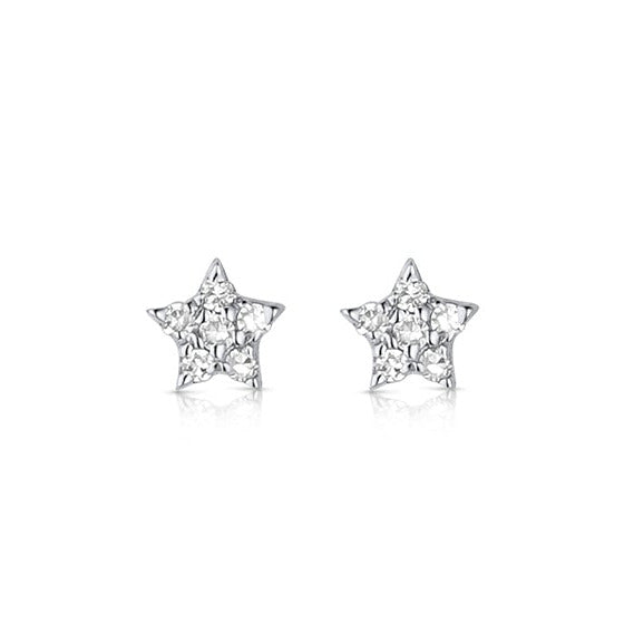 14k white gold star-shaped earrings with diamonds on a white background