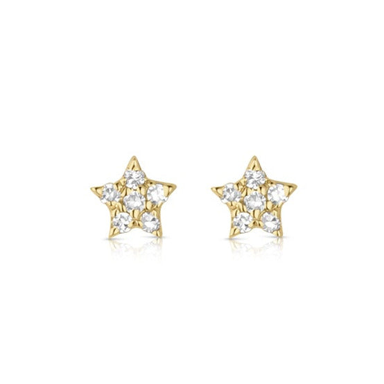 14k gold star-shaped post earrings with white diamonds on a white background