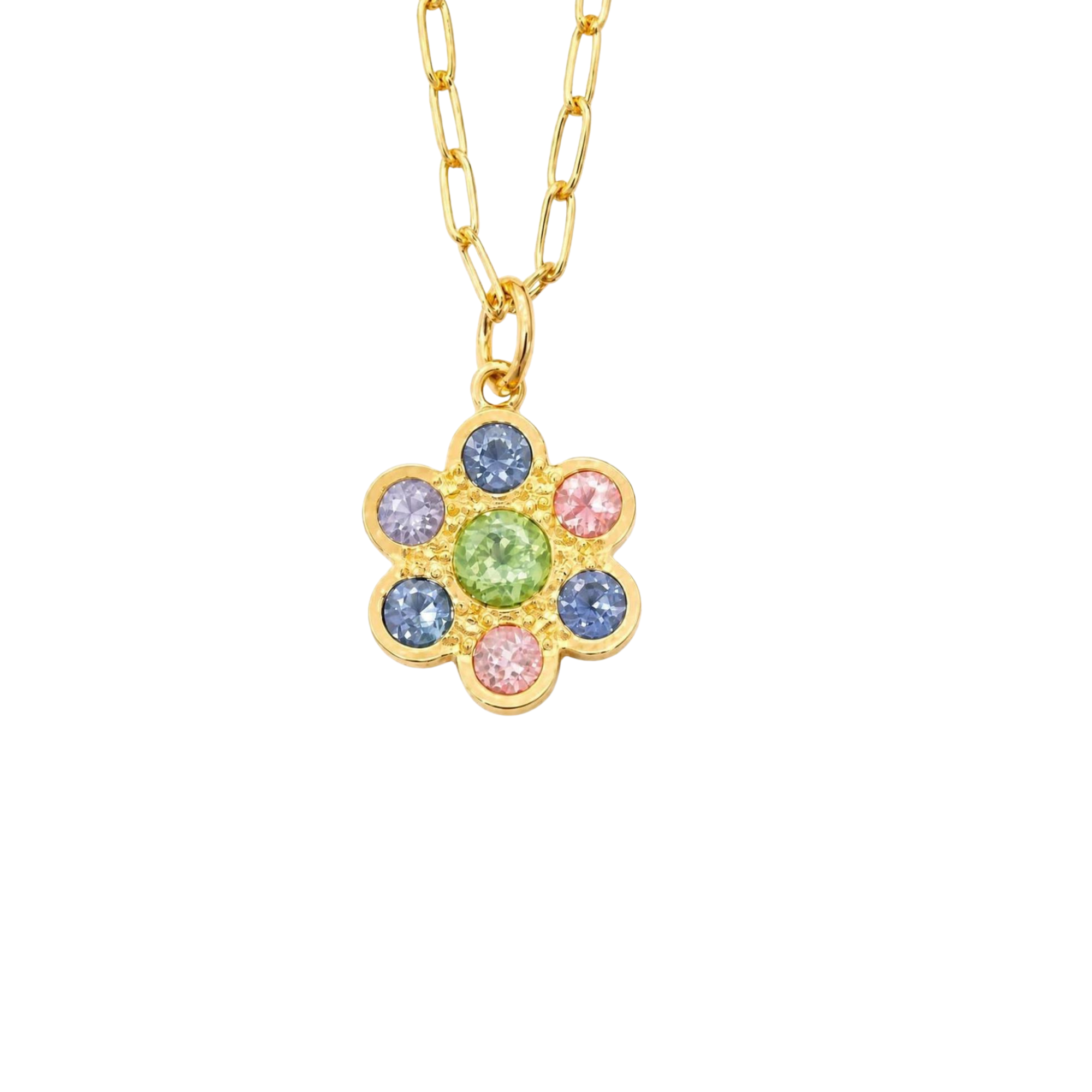 Image of a lizzie small 14k yellow gold genu flower with green and pink sapphire petals on a white background.