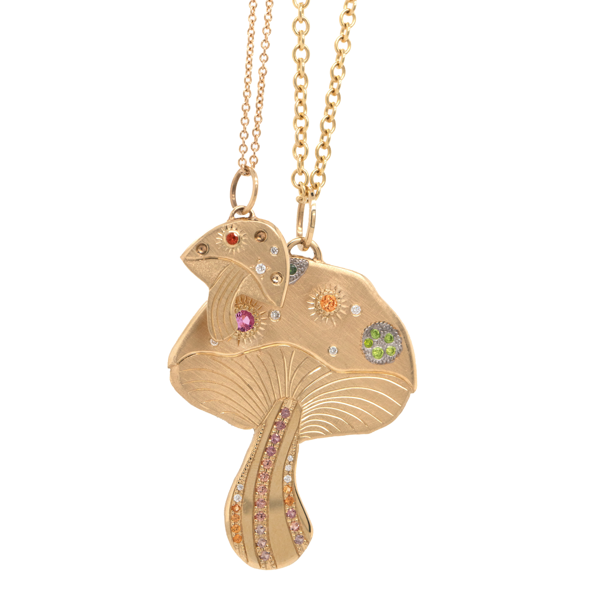14k yellow gold extra large mushroom pendant with colored gemstones and white diamonds with hand etched details stacked with smaller mushroom pendant with colored gemstones and hand etching on rolo chain on white background