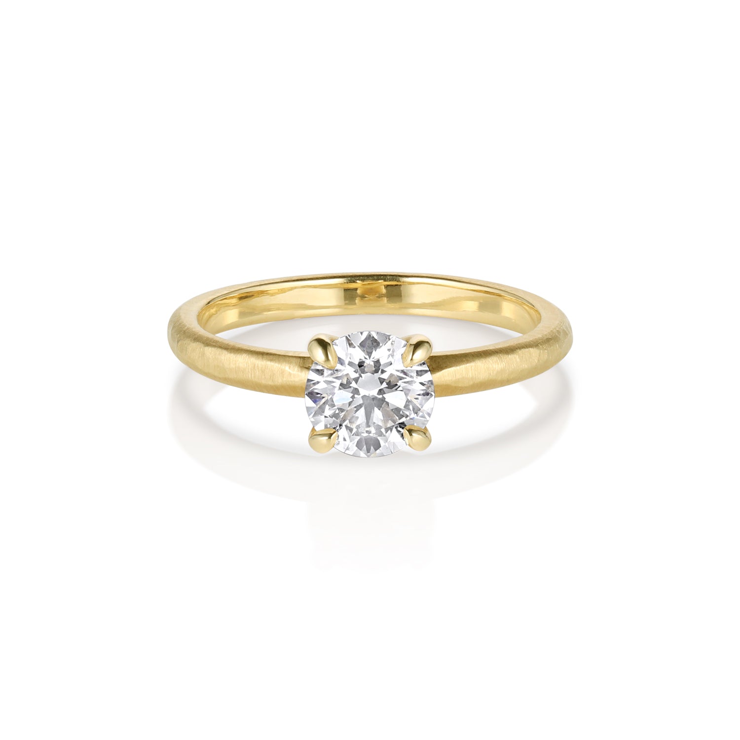 Single stone solitaire 14k gold ring with a white diamond satin finish metal shown on a white background.