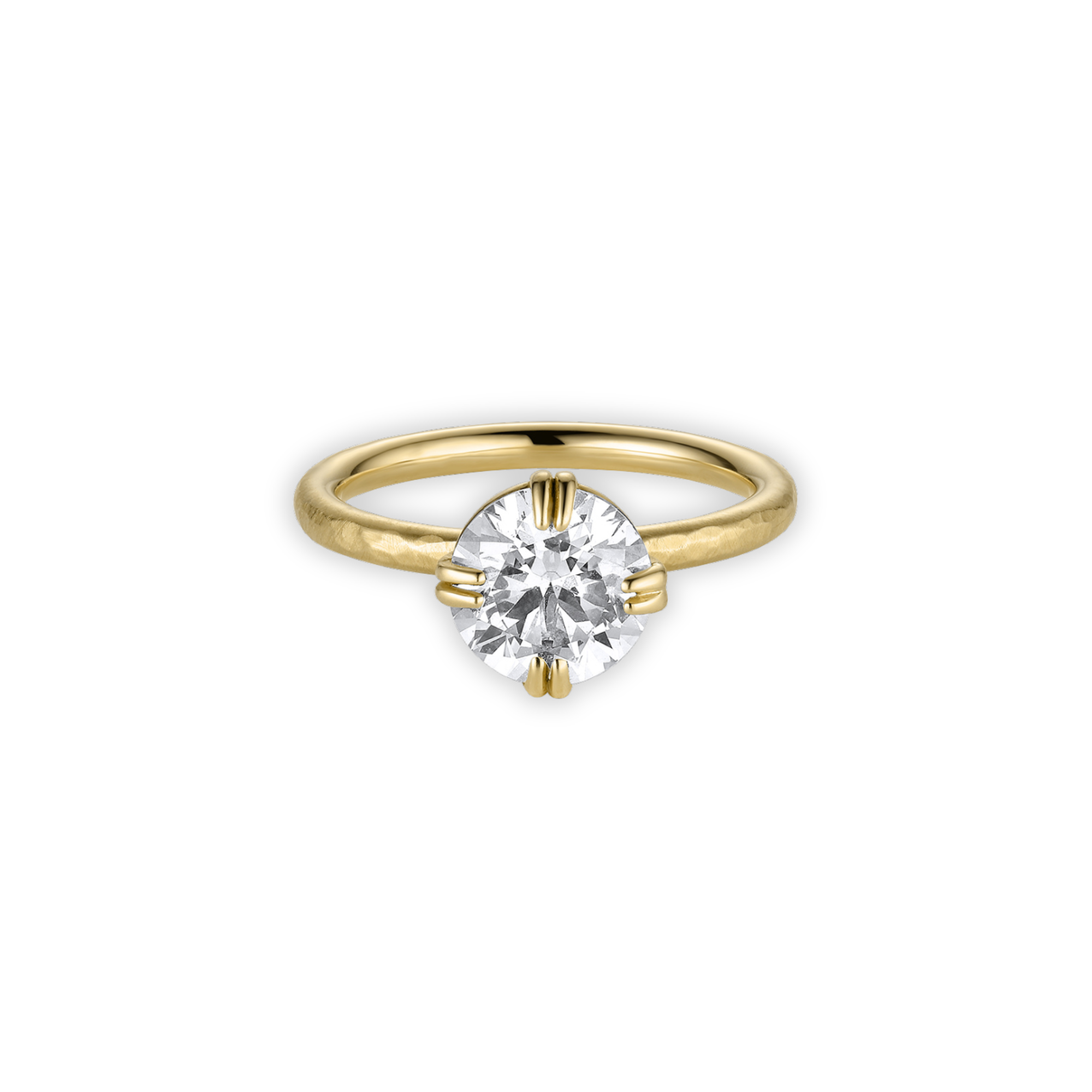 A 14k gold solitaire engagement ring with a bezel prong setting featuring an old Euro cut white diamond on a thin band with a satin finish.
