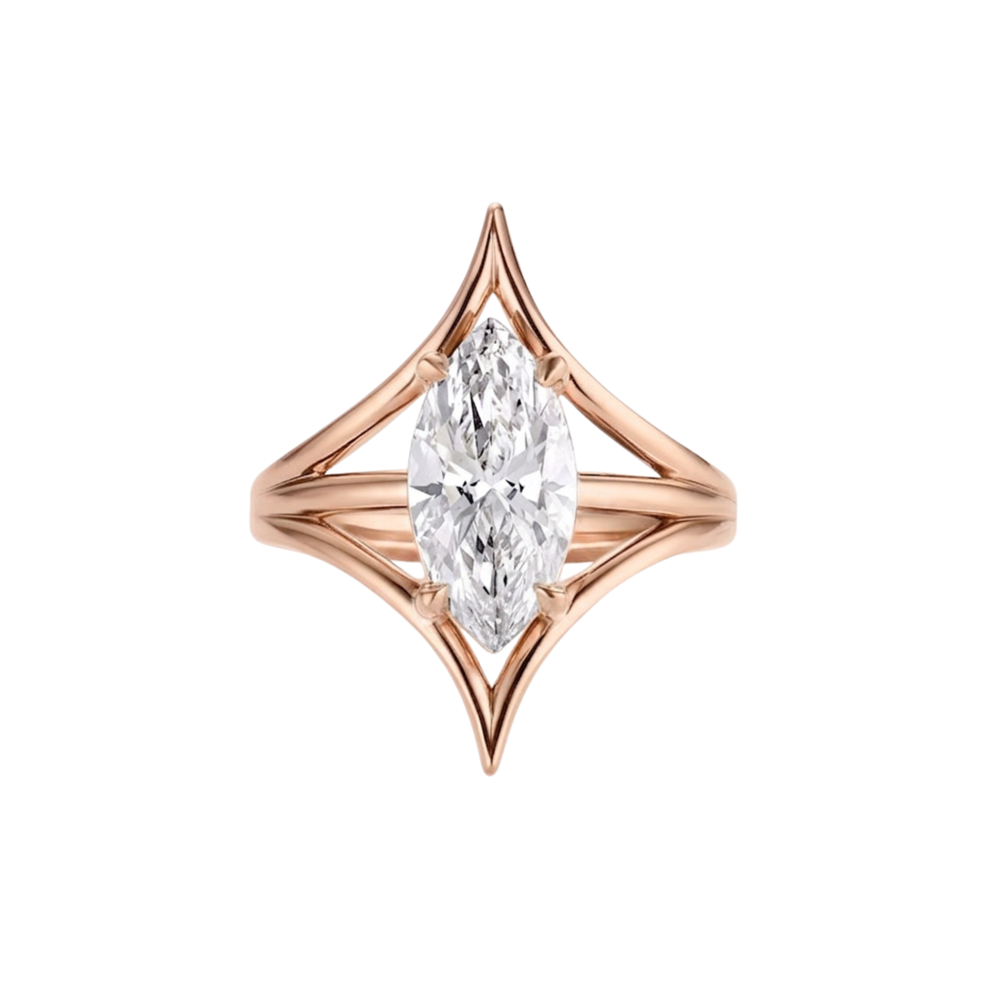 Marquise cut white diamond cage solitaire engagement ring with modern setting in 14k rose gold on a white background