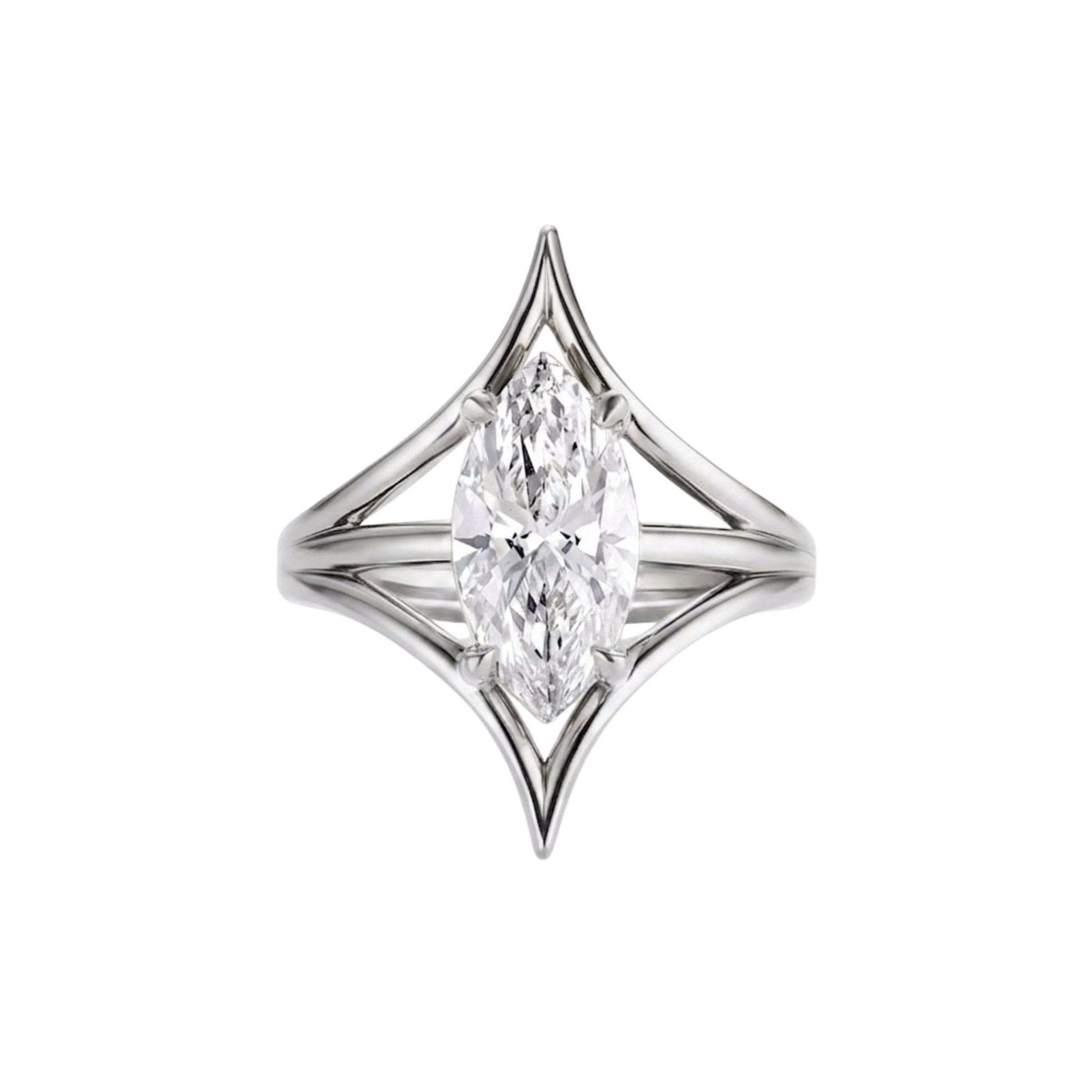 Marquise cut white diamond cage solitaire engagement ring with modern setting in 14k white gold on a white background