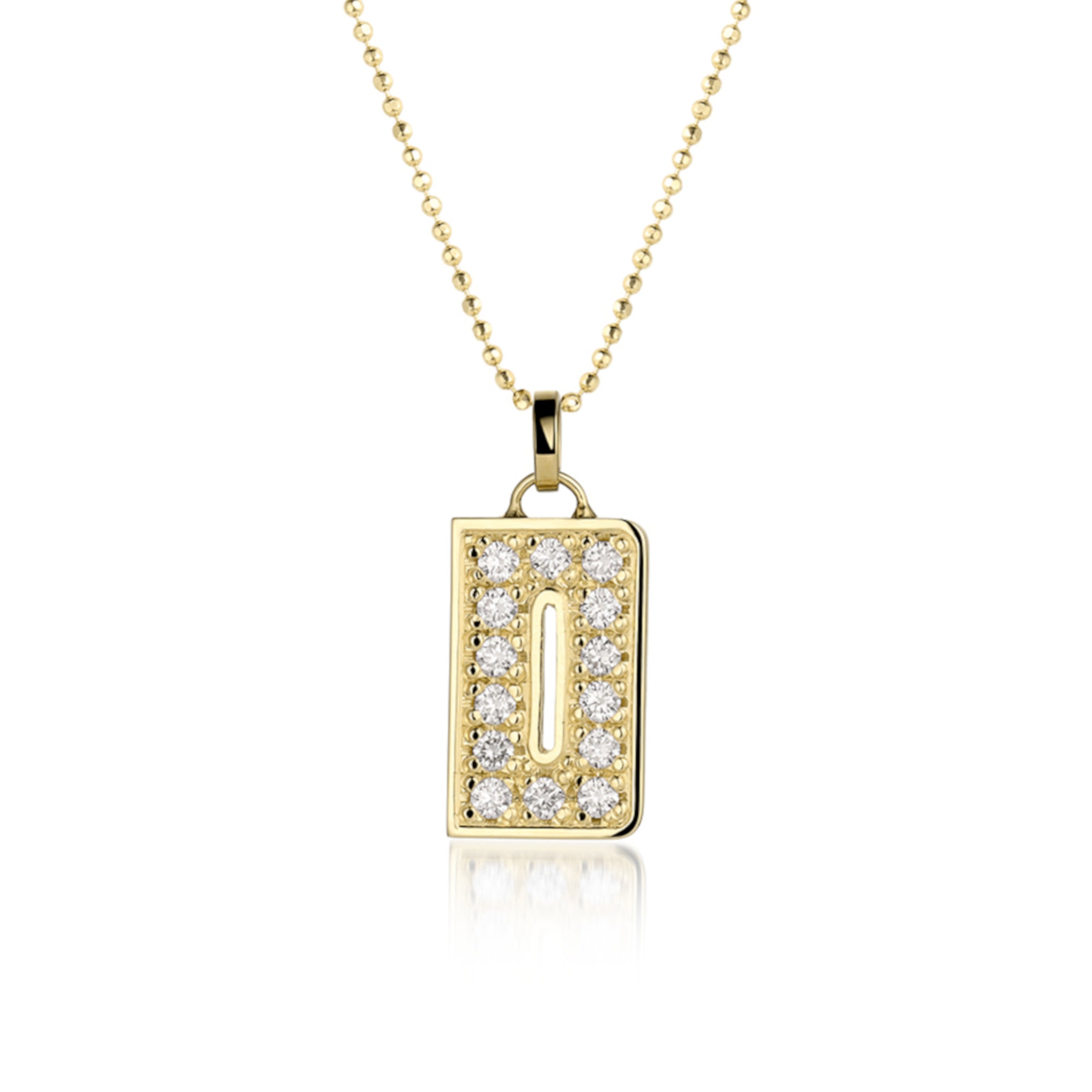 14k Gold necklace with a diamond-studded letter 'D' pendant on a white background. Shown on a ball chain.